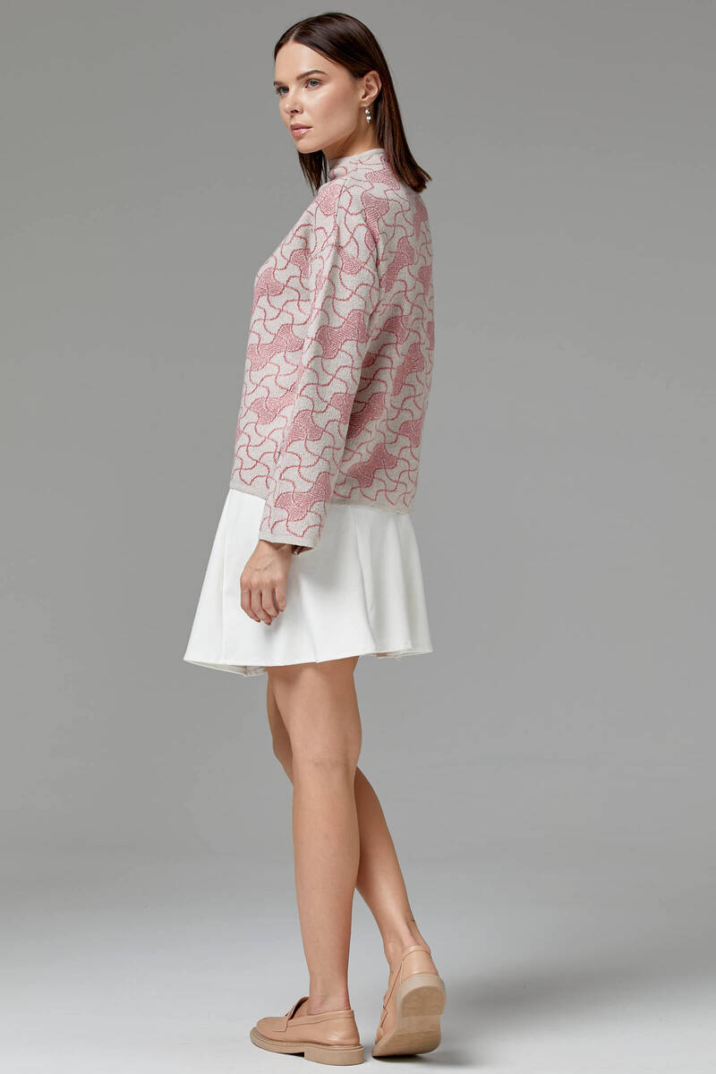 Dik Yaka Sim Detaylı Desenli Triko Kazak - Bej (5) Sementa