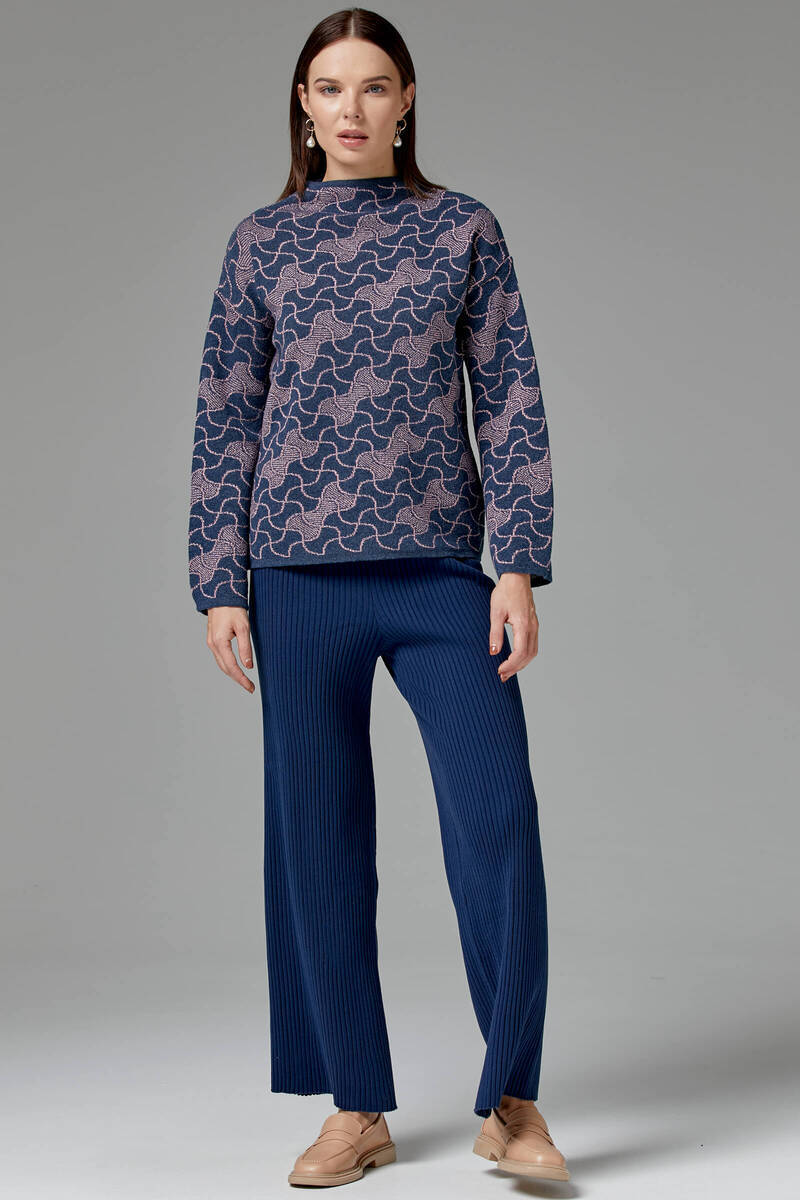 Dik Yaka Sim Detaylı Desenli Triko Kazak - Indigo (2) Sementa