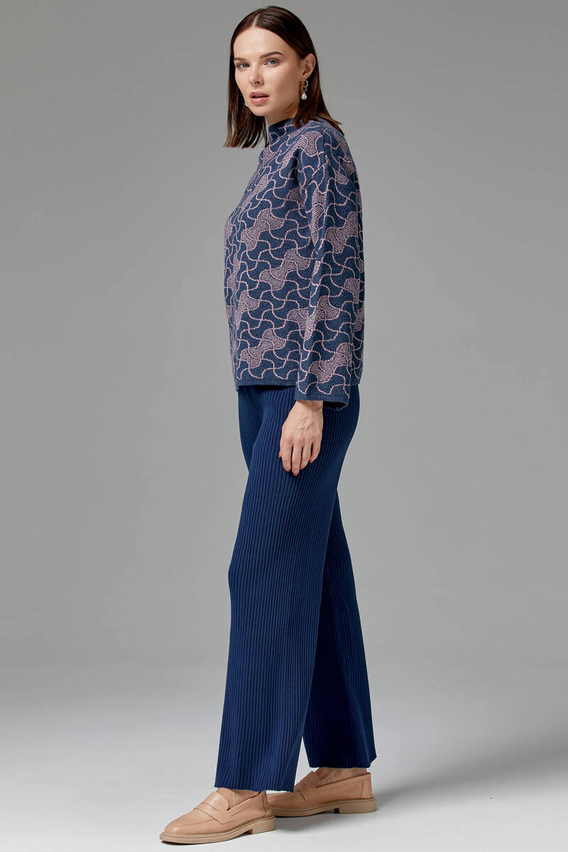 Dik Yaka Sim Detaylı Desenli Triko Kazak - Indigo (4) Sementa