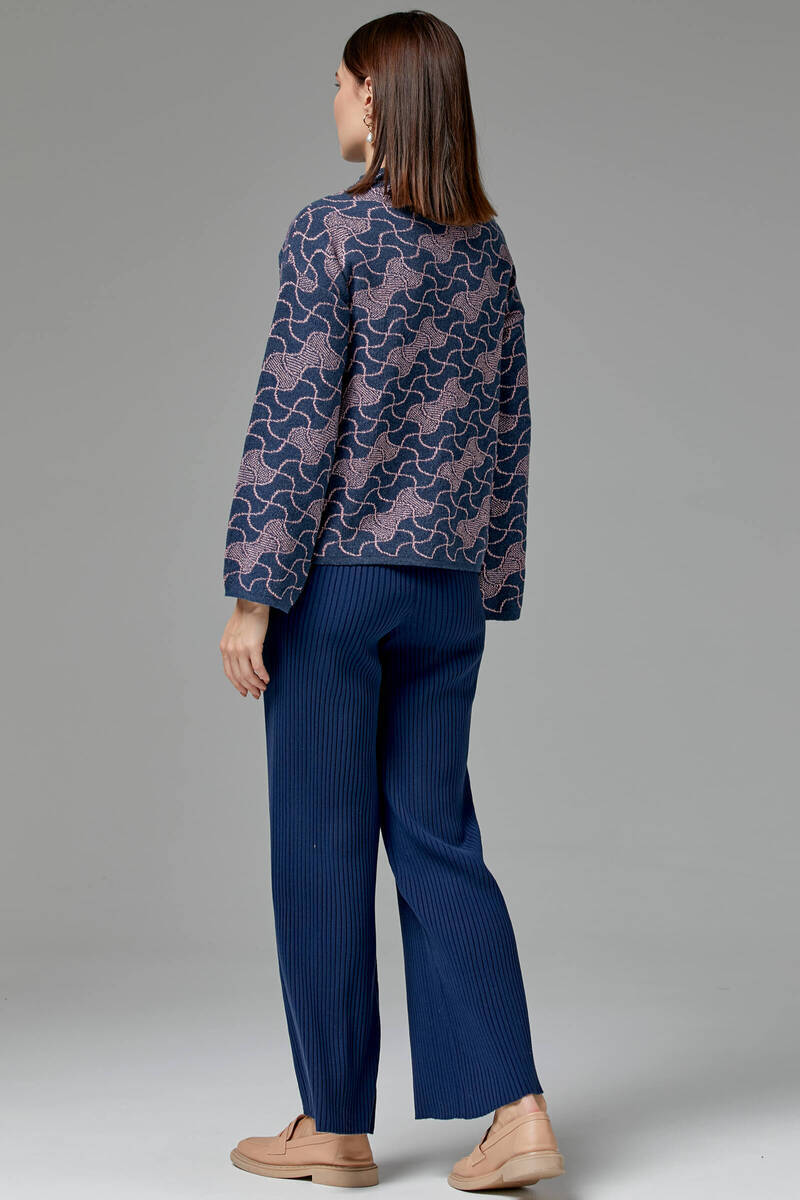 Dik Yaka Sim Detaylı Desenli Triko Kazak - Indigo (5) Sementa