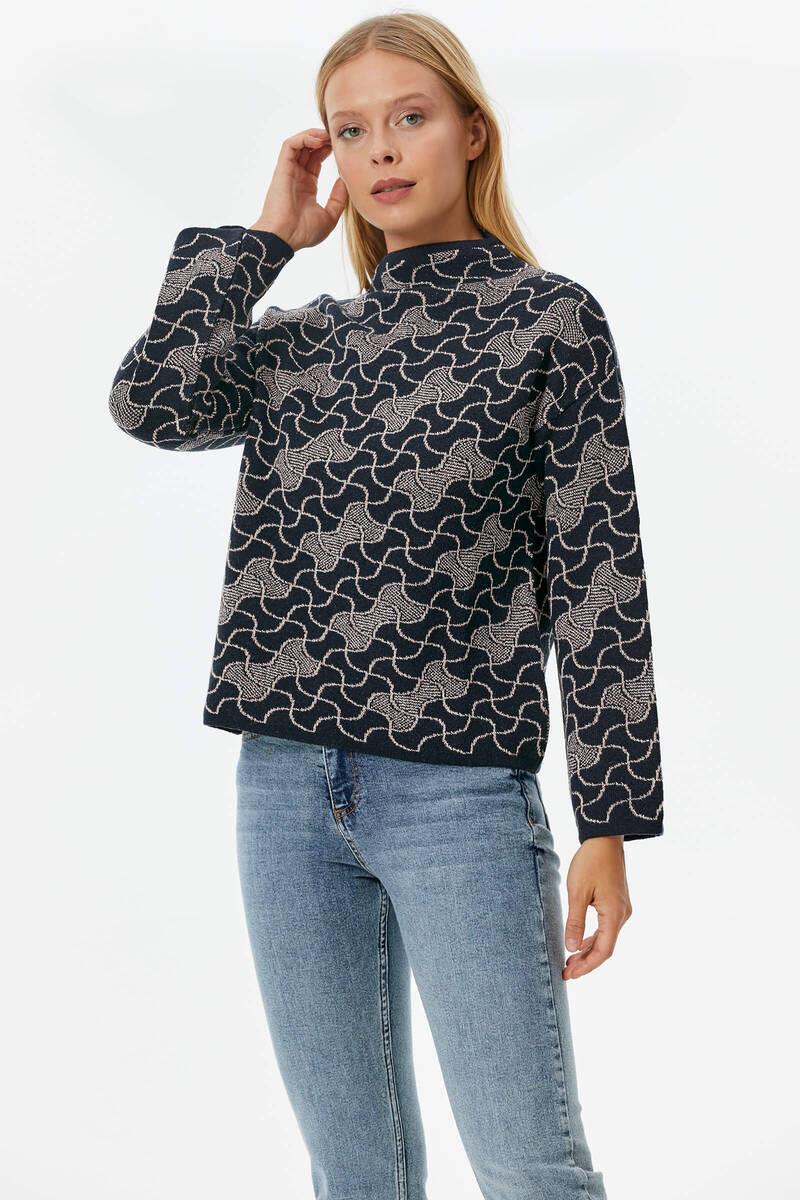 Dik Yaka Sim Detaylı Desenli Triko Kazak - Lacivert (3) Sementa