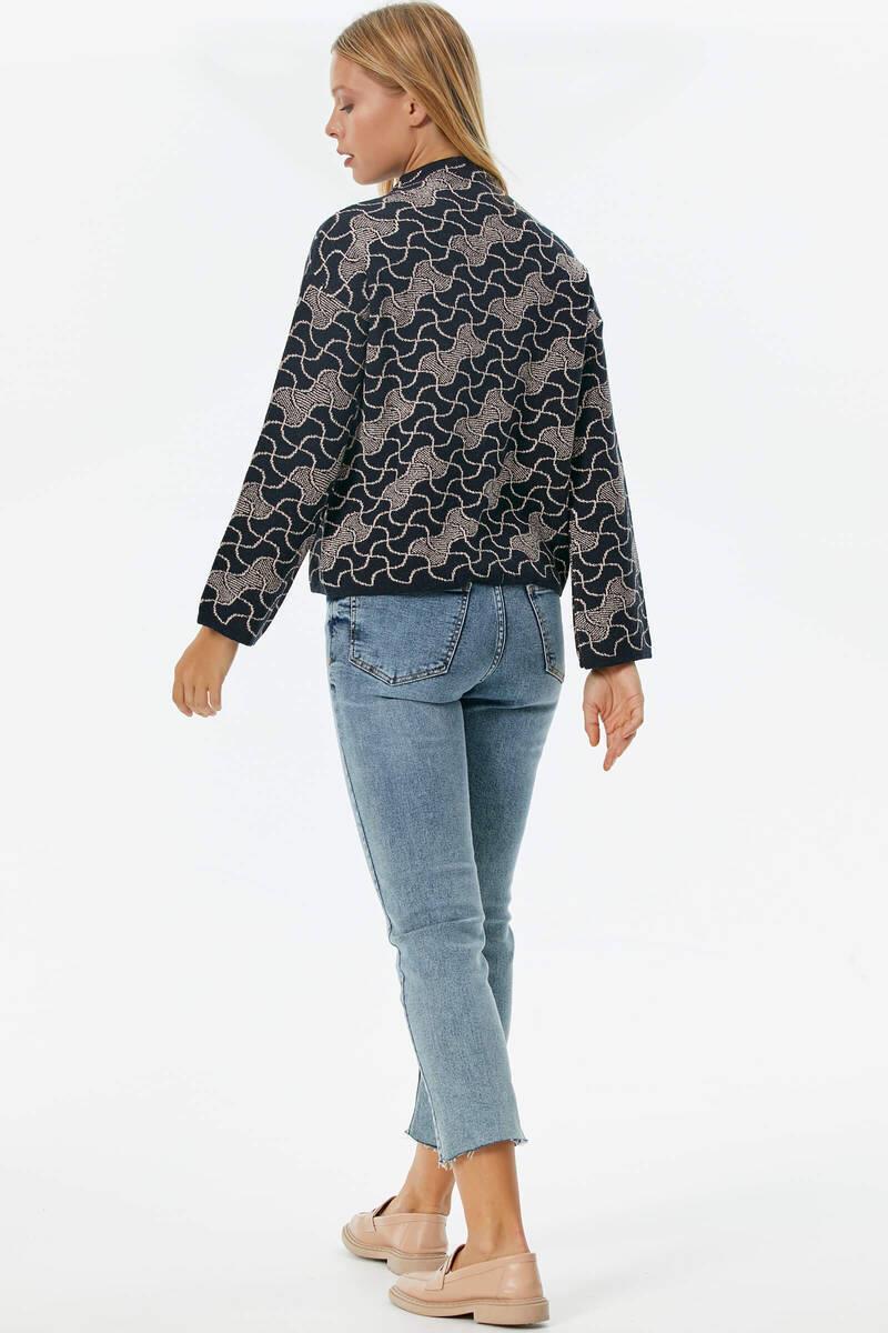 Dik Yaka Sim Detaylı Desenli Triko Kazak - Lacivert (4) Sementa