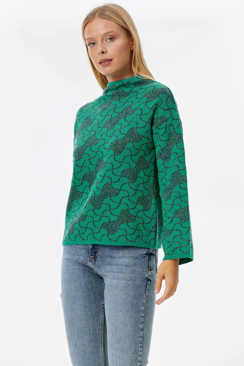 Dik Yaka Sim Detaylı Desenli Triko Kazak - Yeşil (3) Sementa