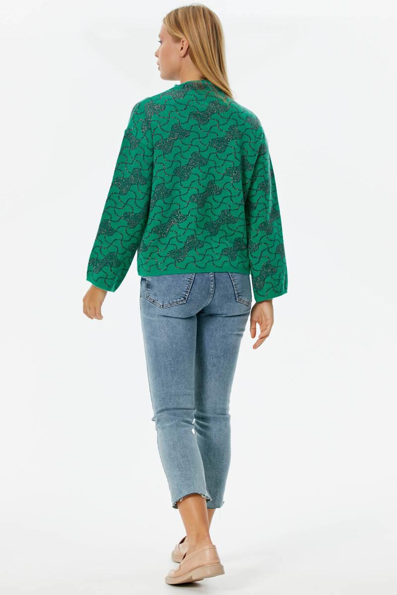 Dik Yaka Sim Detaylı Desenli Triko Kazak - Yeşil (4) Sementa