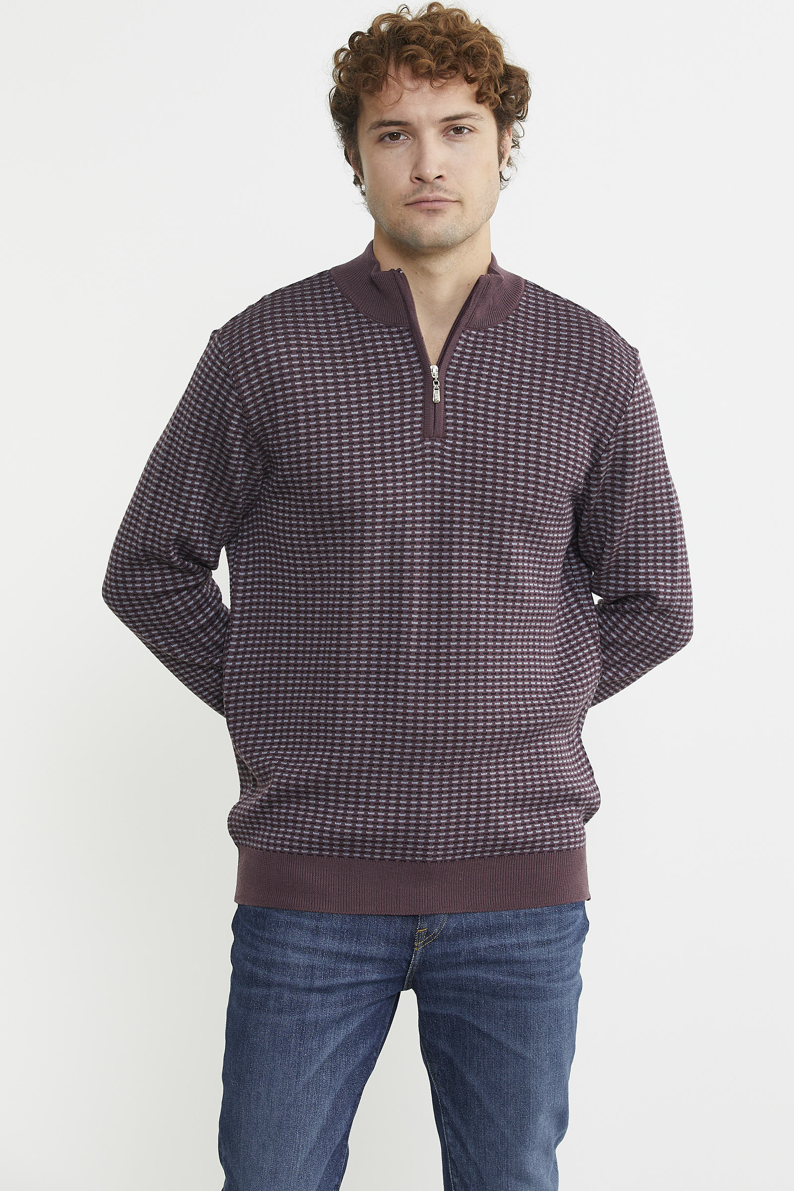 Dik Yaka Yarım Fermuar Triko Kazak - Mürdüm - Sementa