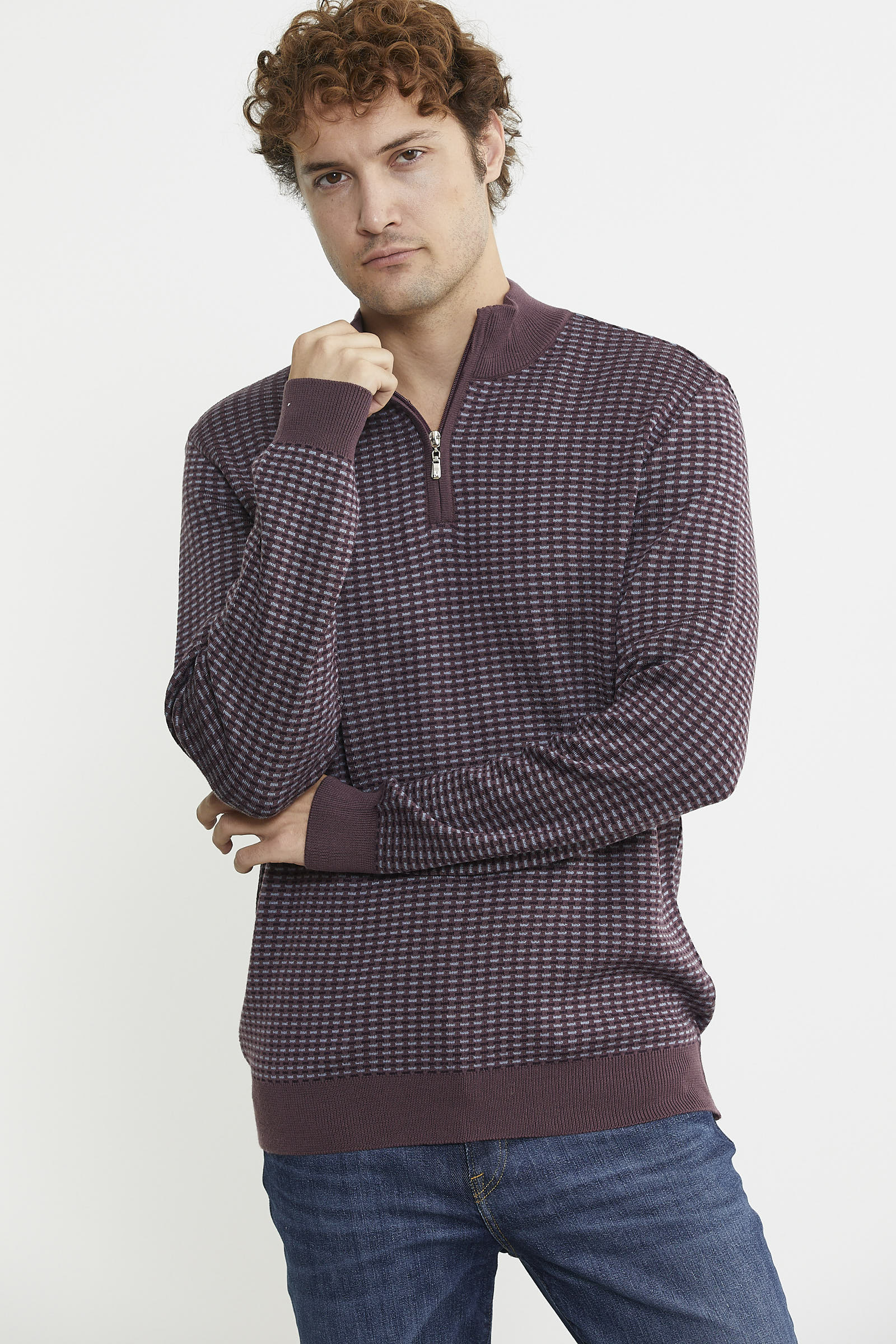 Dik Yaka Yarım Fermuar Triko Kazak - Mürdüm - Sementa