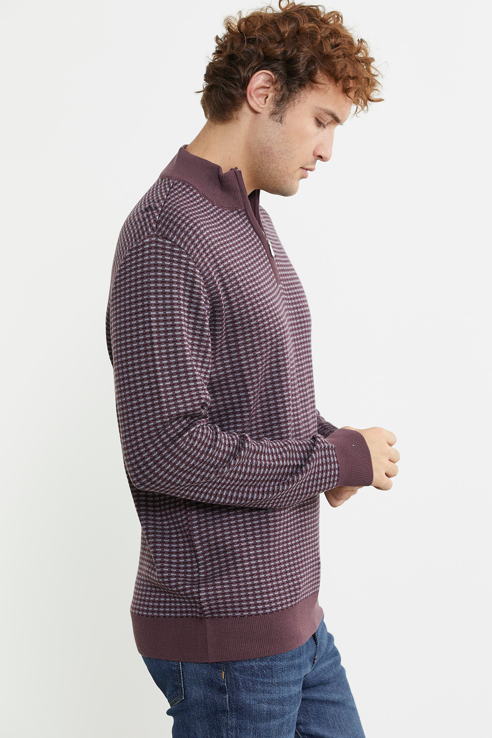 Dik Yaka Yarım Fermuar Triko Kazak - Mürdüm - Sementa