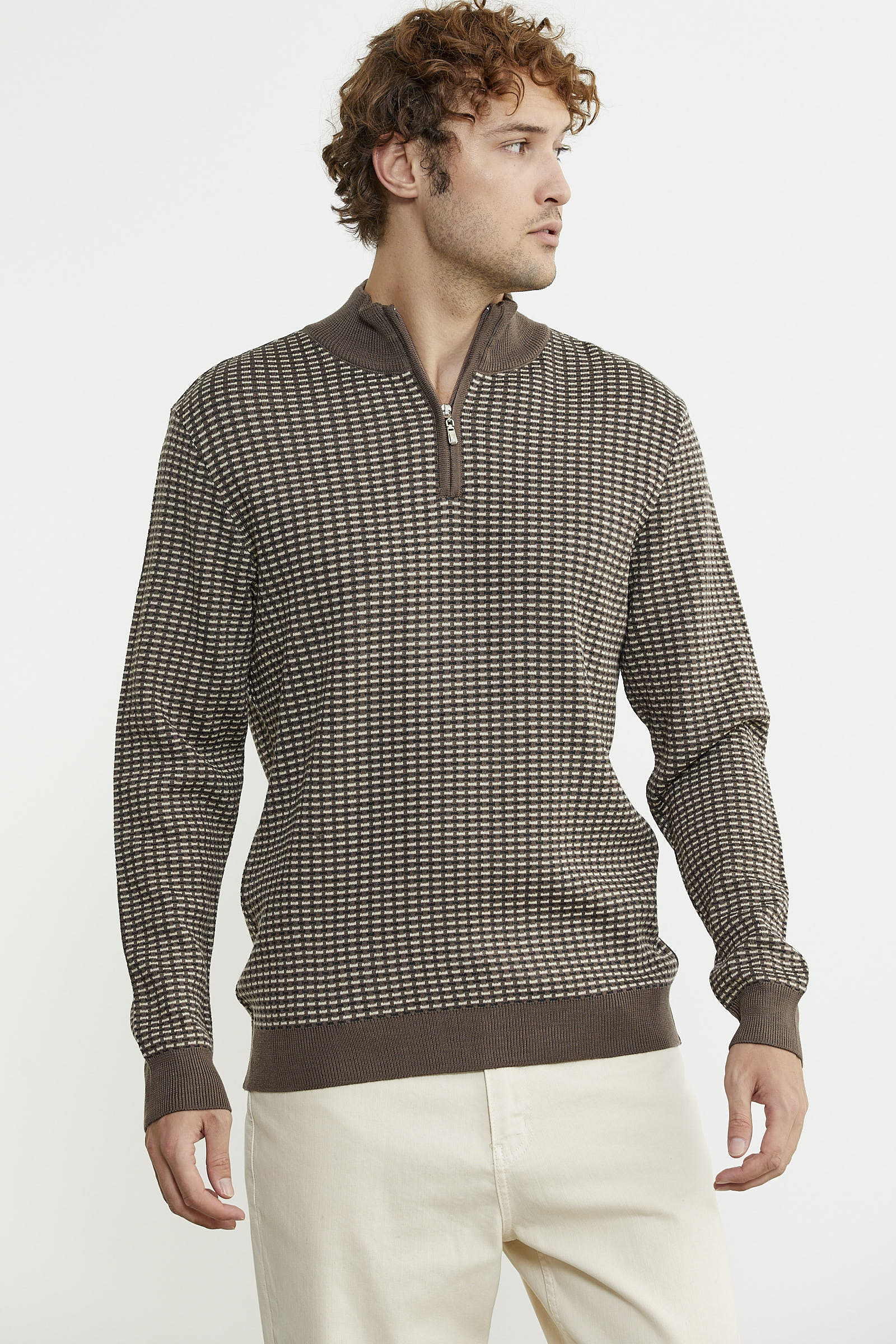 Dik Yaka Yarım Fermuar Triko Kazak - Vizon - Sementa