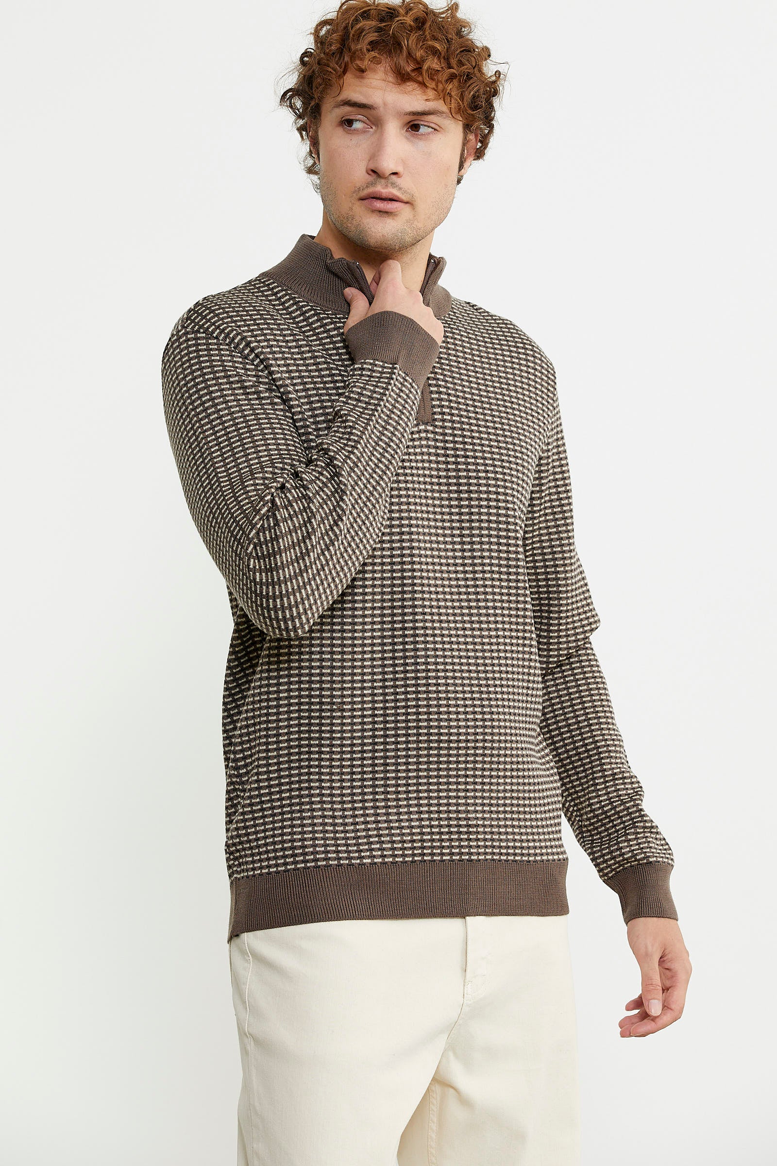 Dik Yaka Yarım Fermuar Triko Kazak - Vizon - Sementa