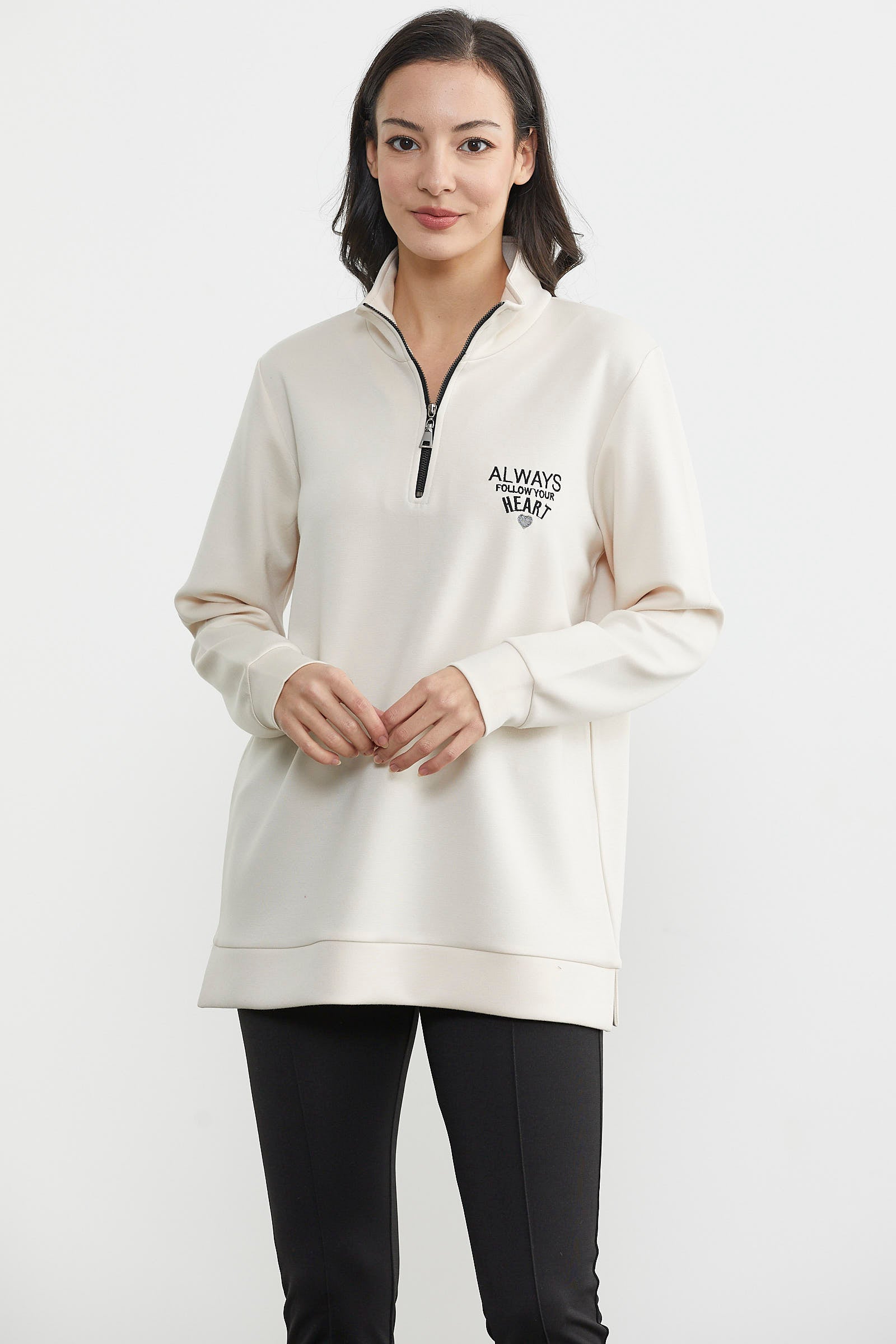 Dik Yaka Yarım Fermuarlı Sweatshirt - Bej (2) Sementa