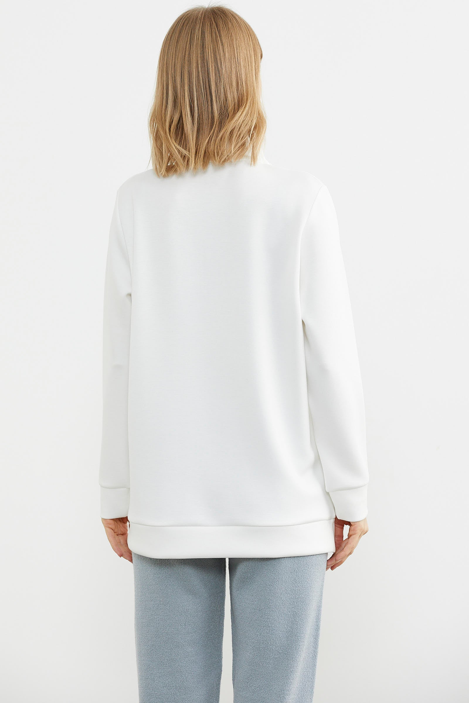 Dik Yaka Yarım Fermuarlı Sweatshirt - Ekru (6) Sementa