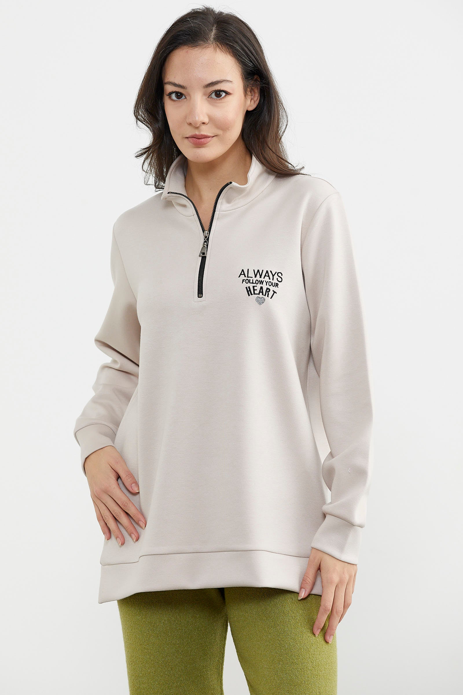 Dik Yaka Yarım Fermuarlı Sweatshirt - Taş (3) Sementa