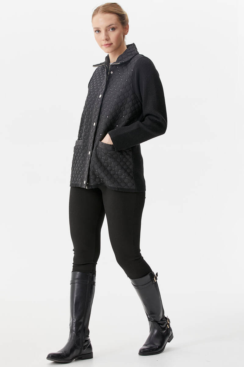 Dik Yaka Zımbalı Önü Kapitone Triko Ceket - Siyah (5) Sementa