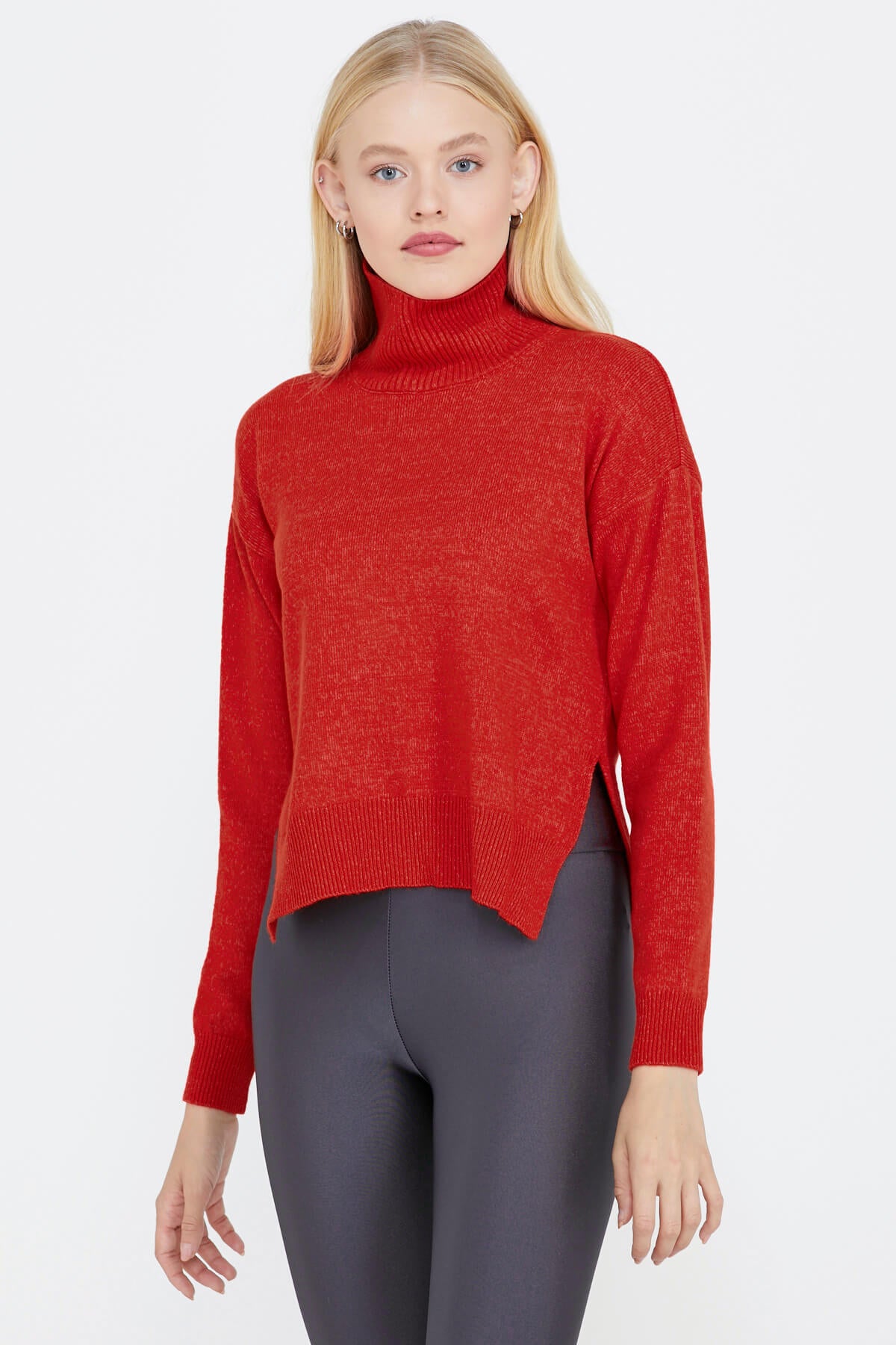 Dik Yakalı Kadın Triko Kazak - Kırmızı (3) Sementa