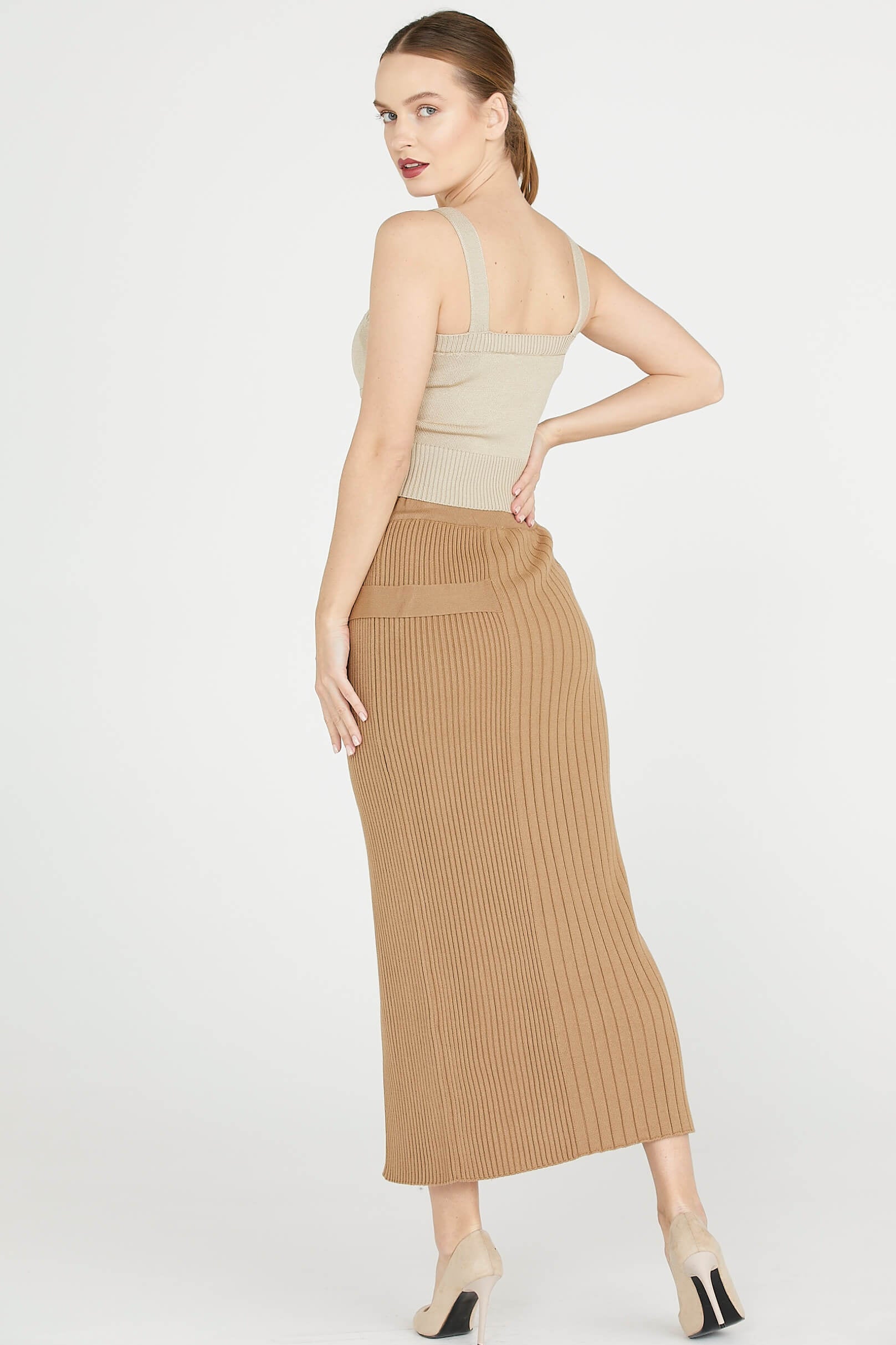 Diz Altı Tokalı Triko Etek - Kamel (4) Sementa