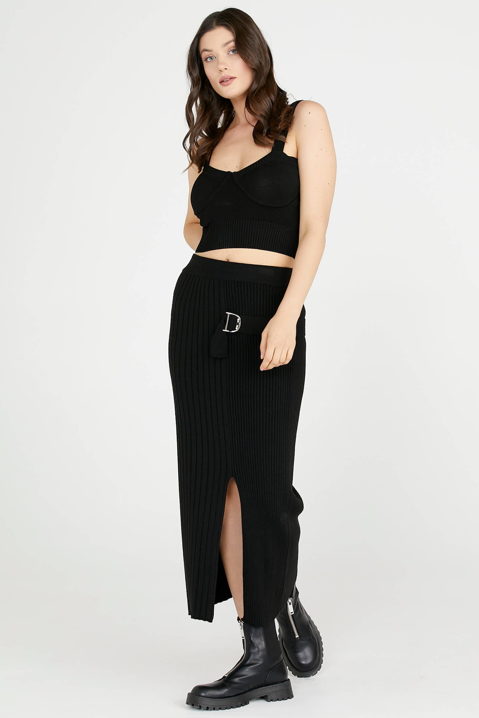 Diz Altı Tokalı Triko Etek - Siyah (2) Sementa