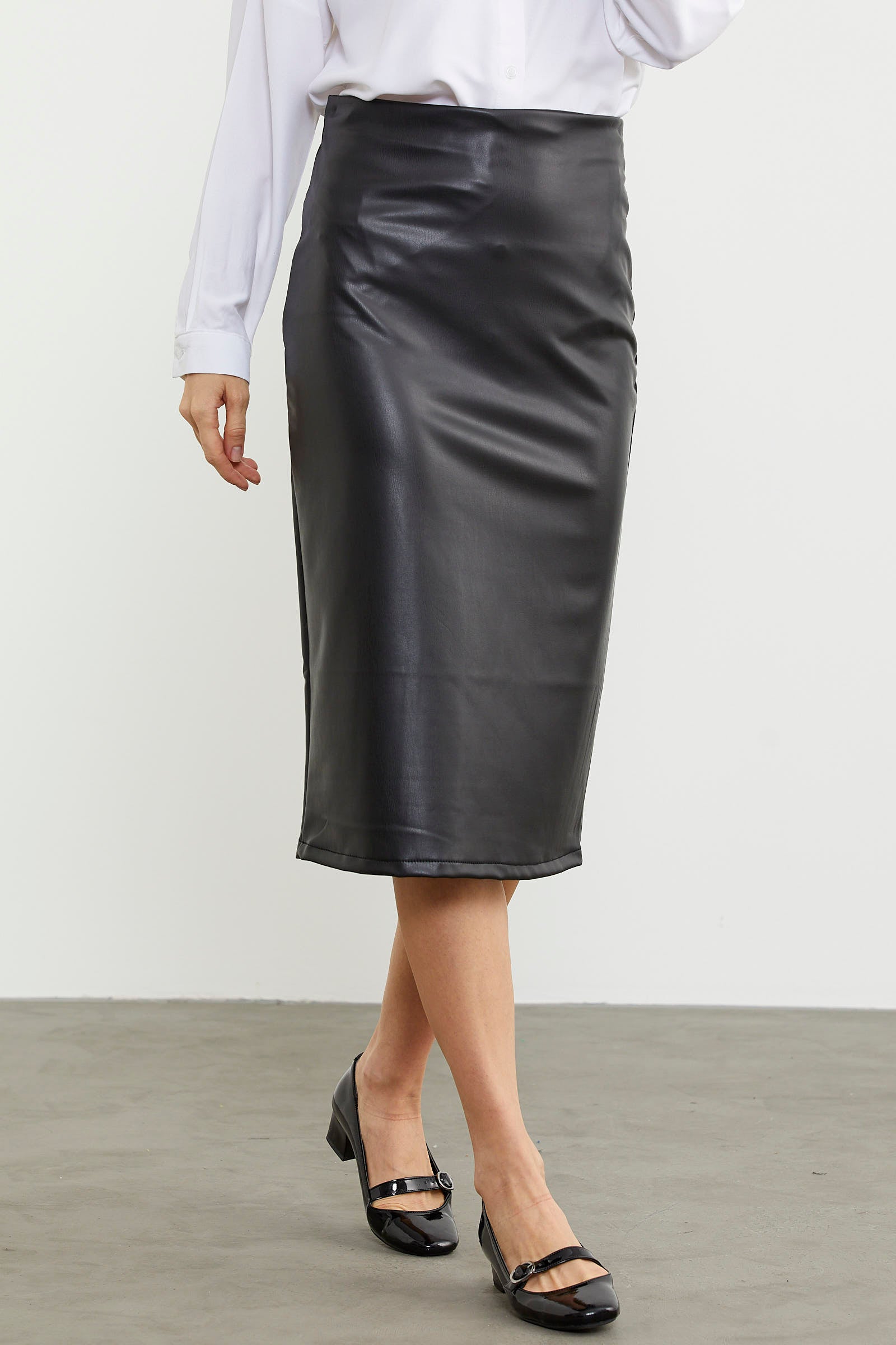 Diz Boy Suni Deri Etek - Siyah (3) Sementa