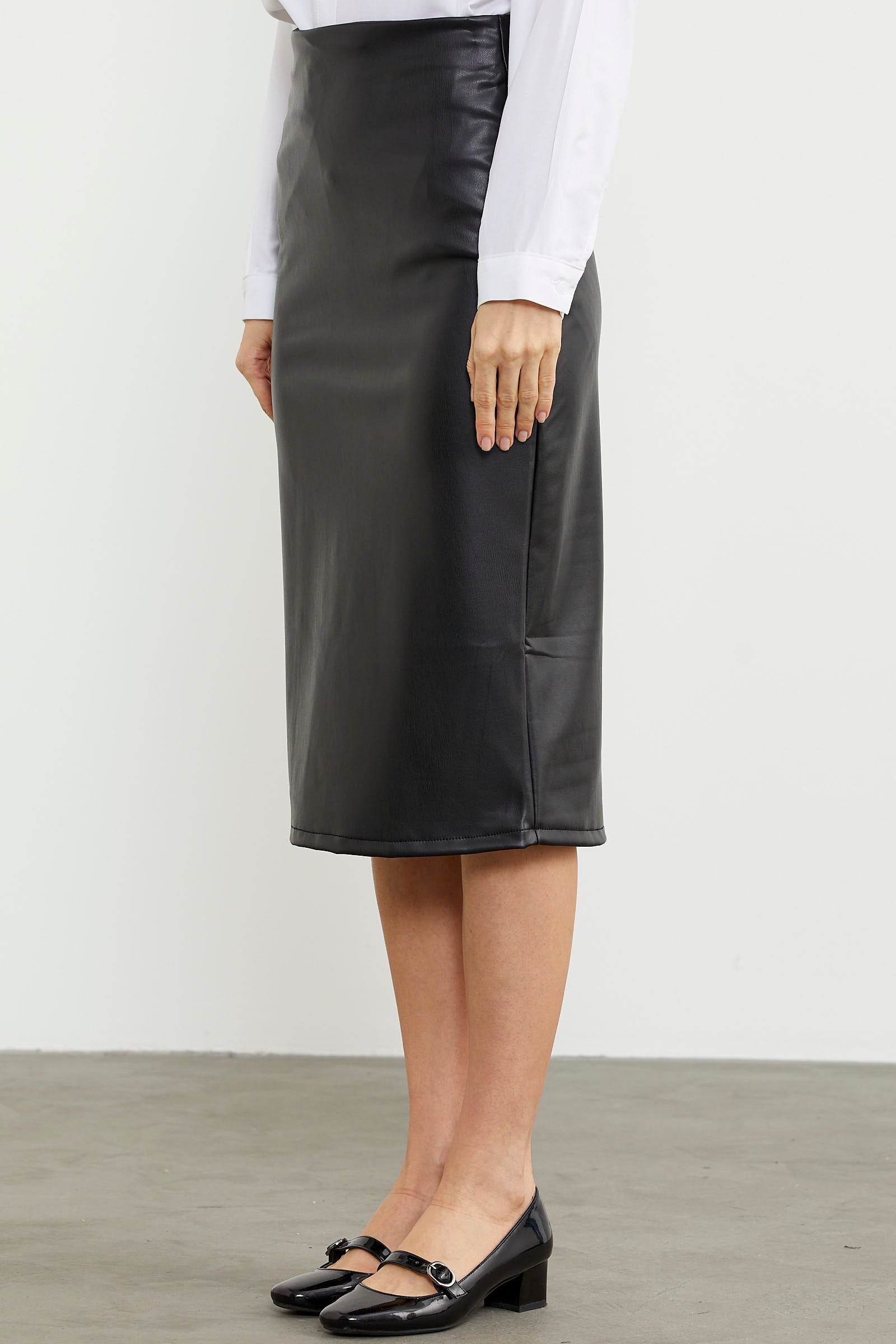 Diz Boy Suni Deri Etek - Siyah (5) Sementa