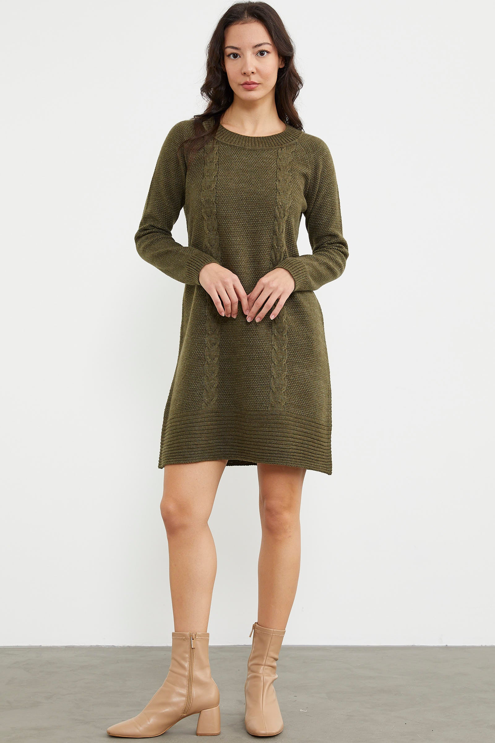 Diz Üstü Saç Örgü Motifli Triko Elbise - Haki (2) Sementa
