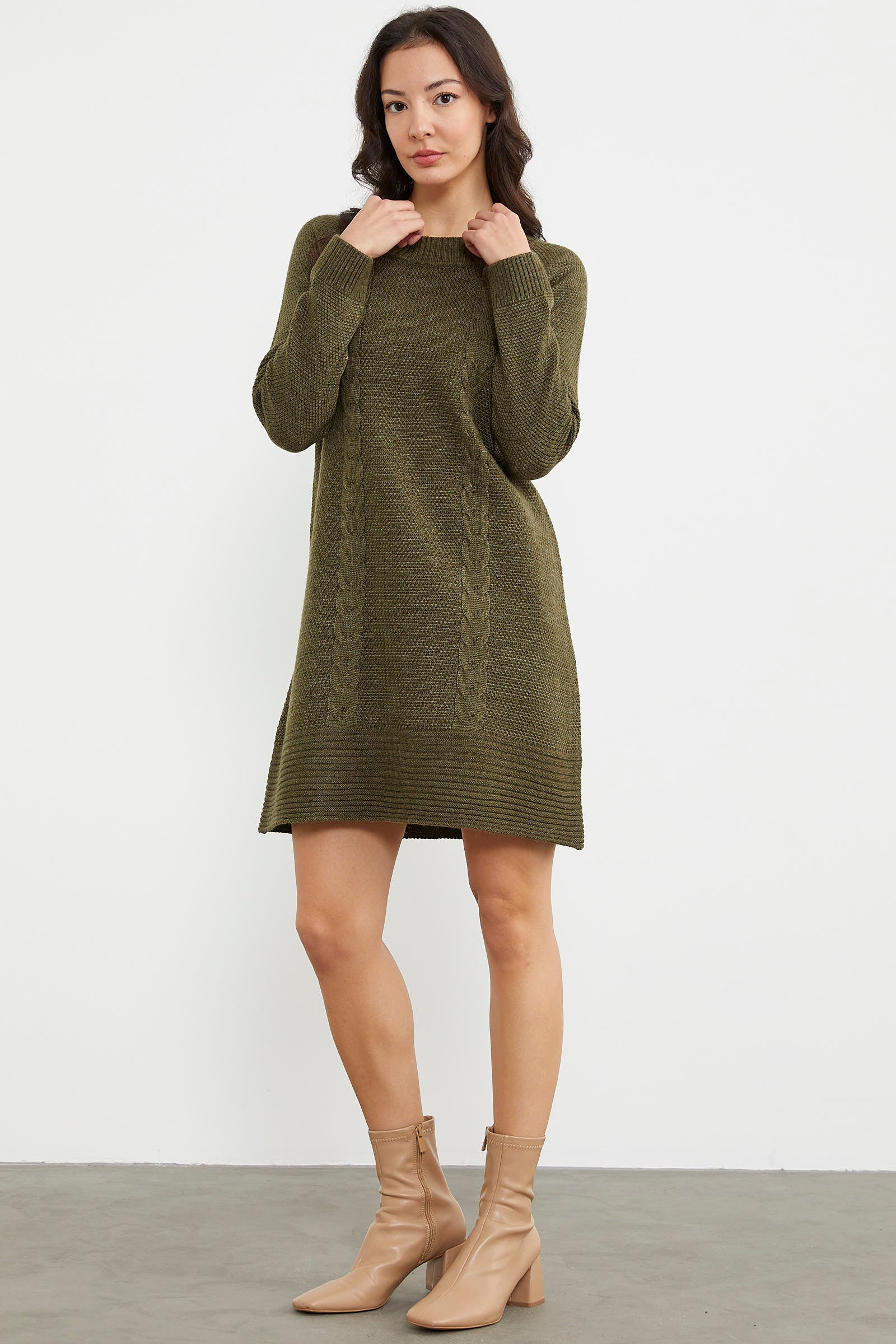Diz Üstü Saç Örgü Motifli Triko Elbise - Haki (3) Sementa