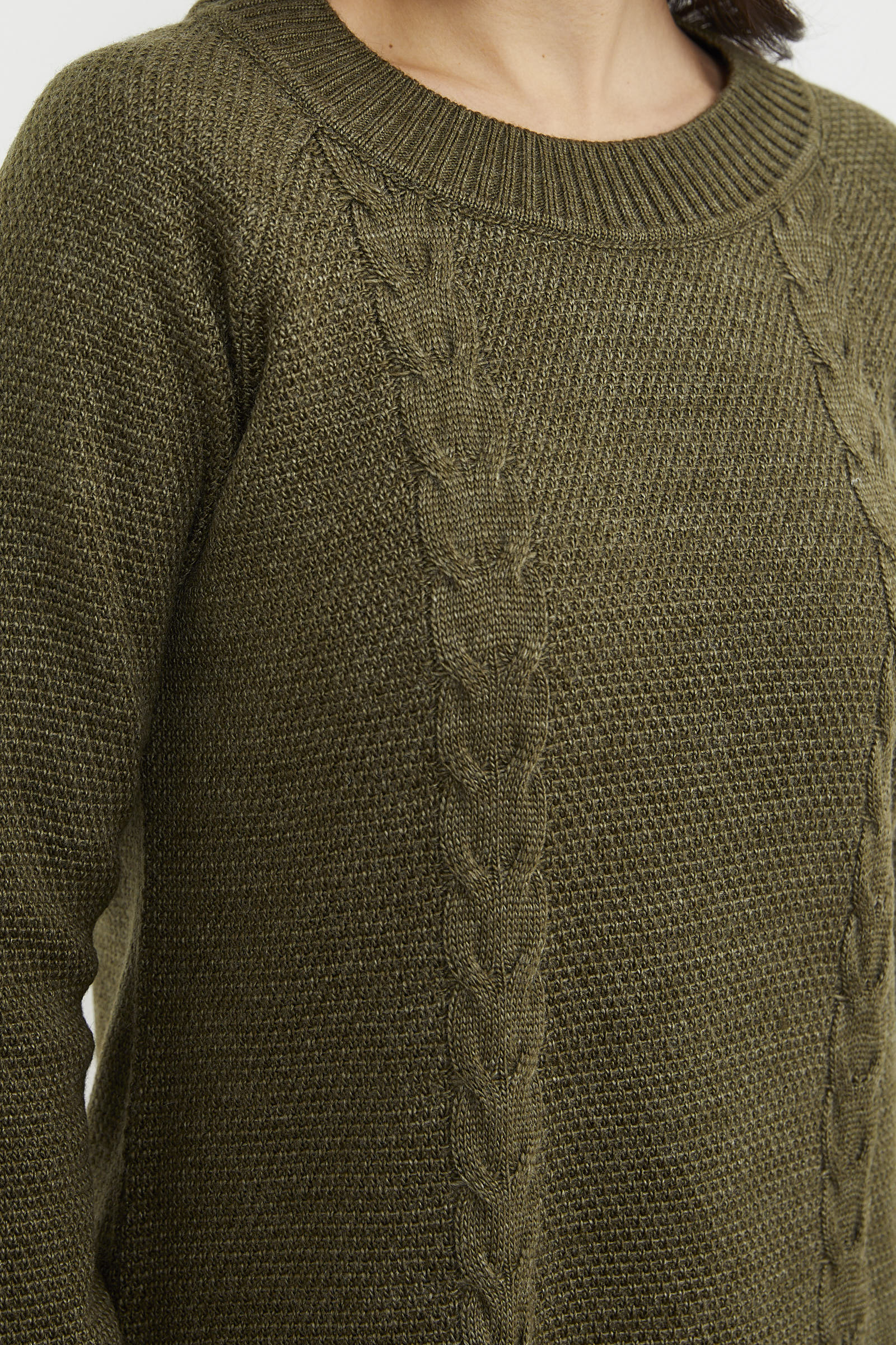 Diz Üstü Saç Örgü Motifli Triko Elbise - Haki (5) Sementa