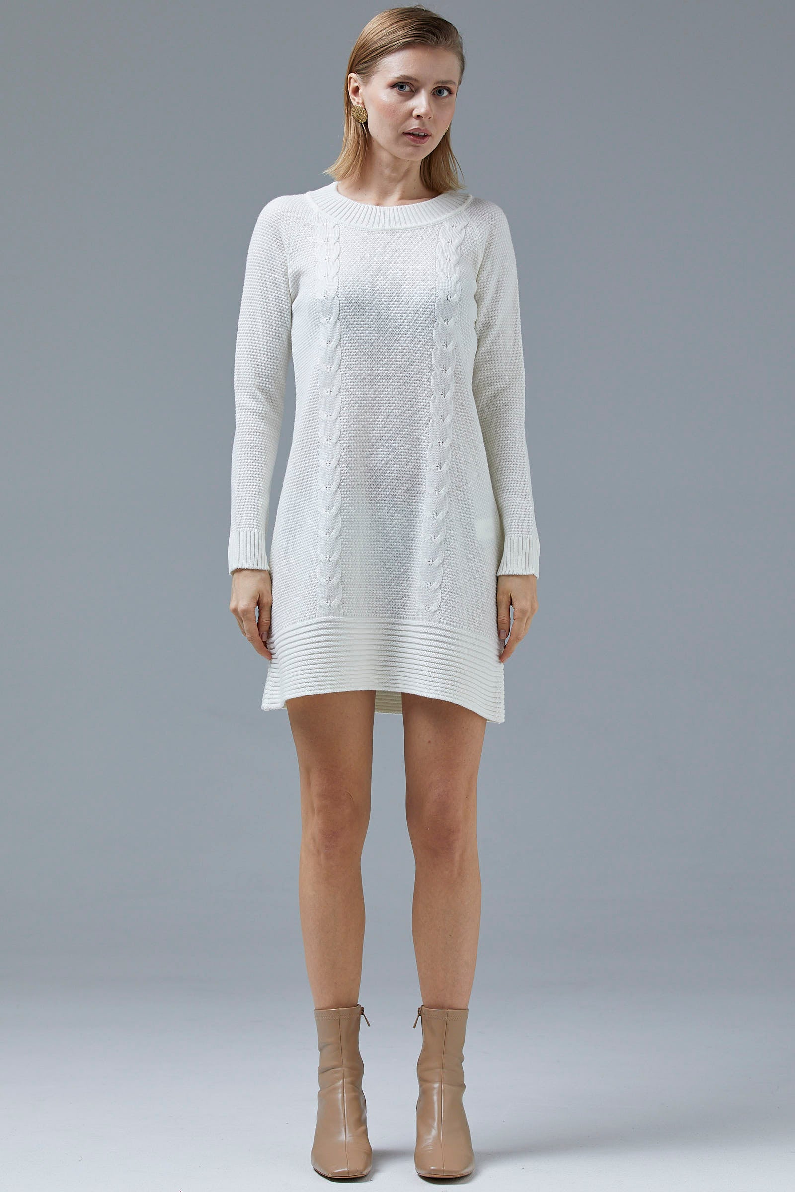 Diz Üstü Saç Örgü Motifli Triko Elbise - Kemik (1) Sementa