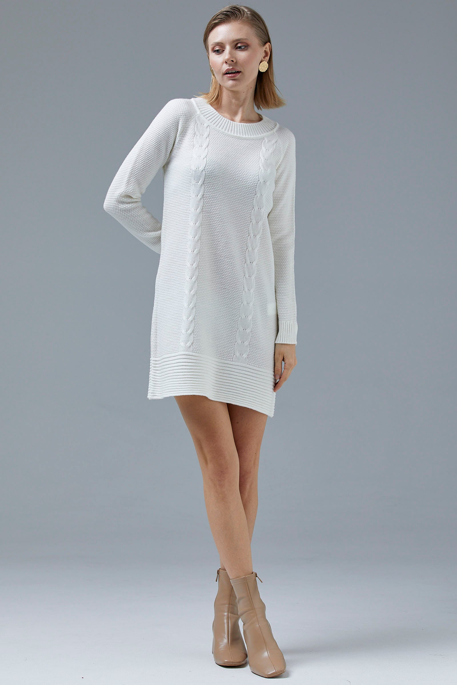 Diz Üstü Saç Örgü Motifli Triko Elbise - Kemik (2) Sementa