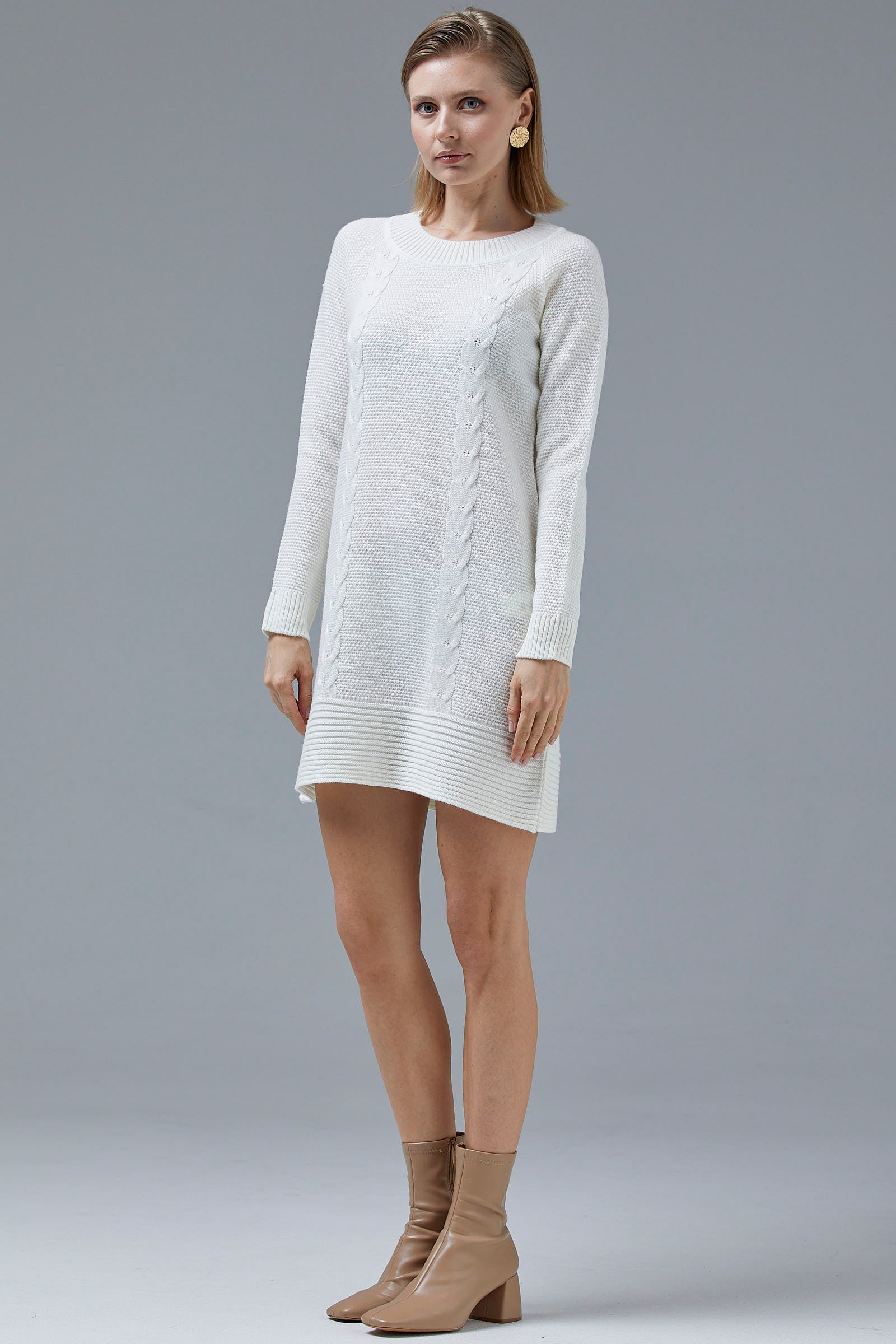 Diz Üstü Saç Örgü Motifli Triko Elbise - Kemik (4) Sementa