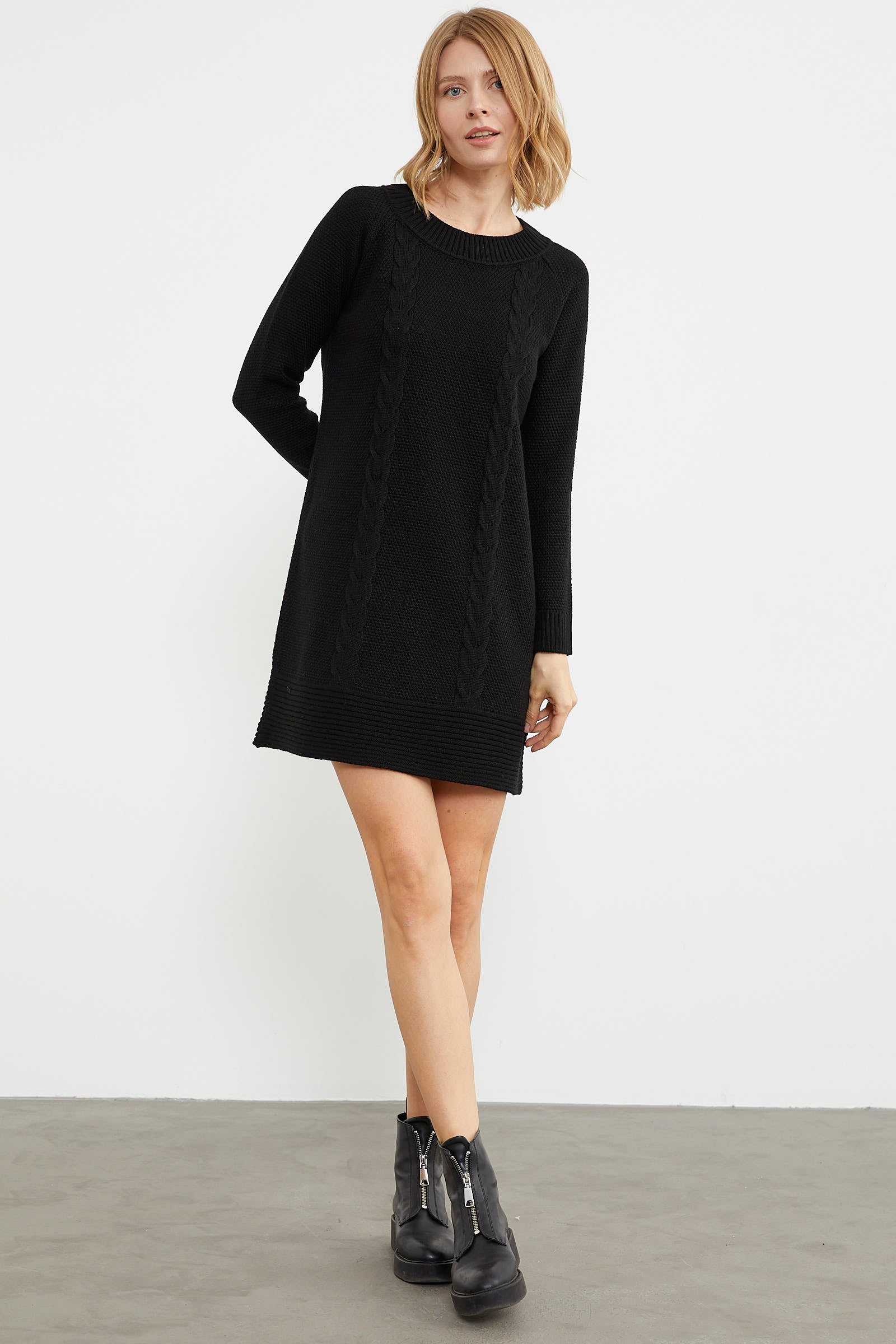 Diz Üstü Saç Örgü Motifli Triko Elbise - Siyah (2) Sementa