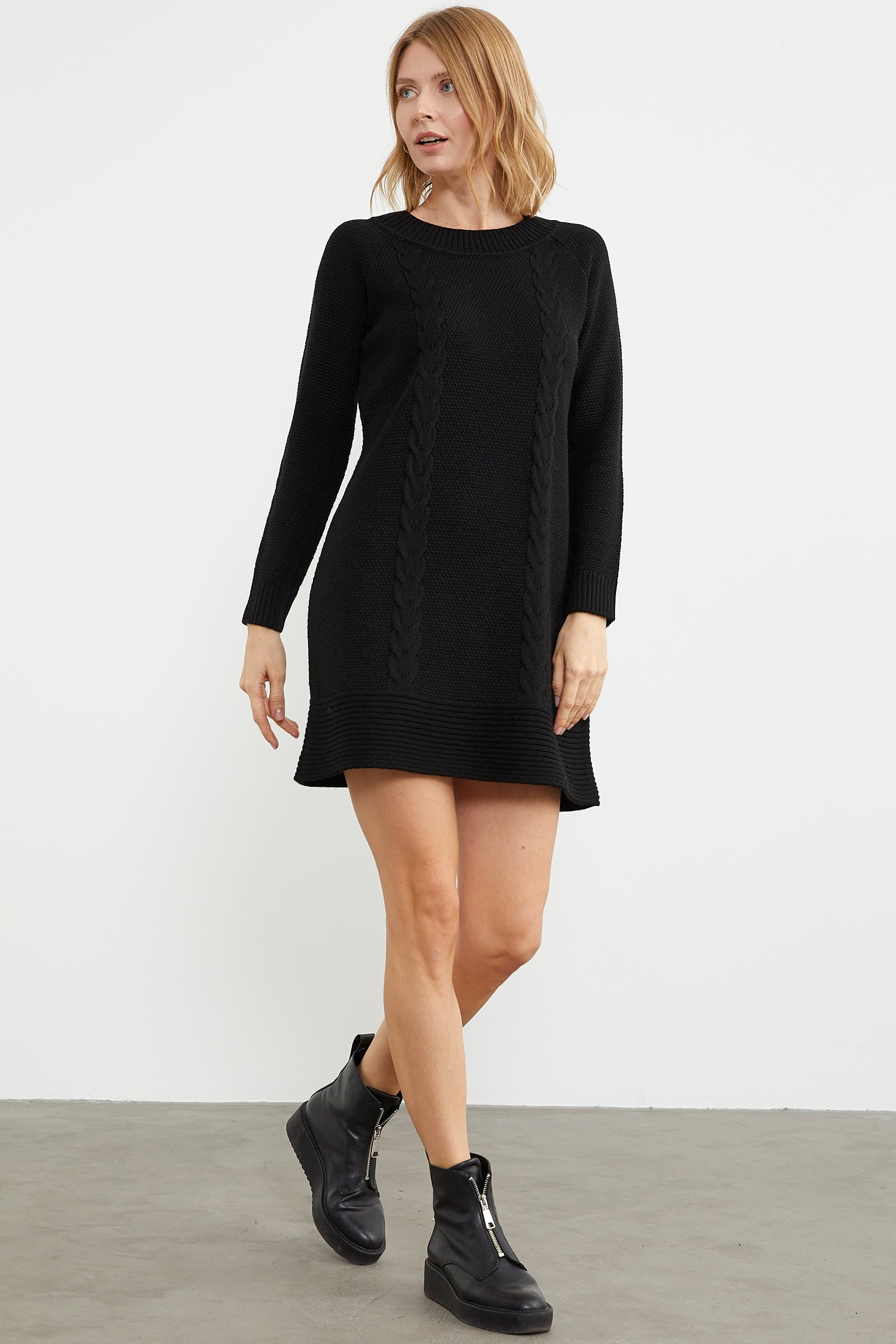 Diz Üstü Saç Örgü Motifli Triko Elbise - Siyah (3) Sementa