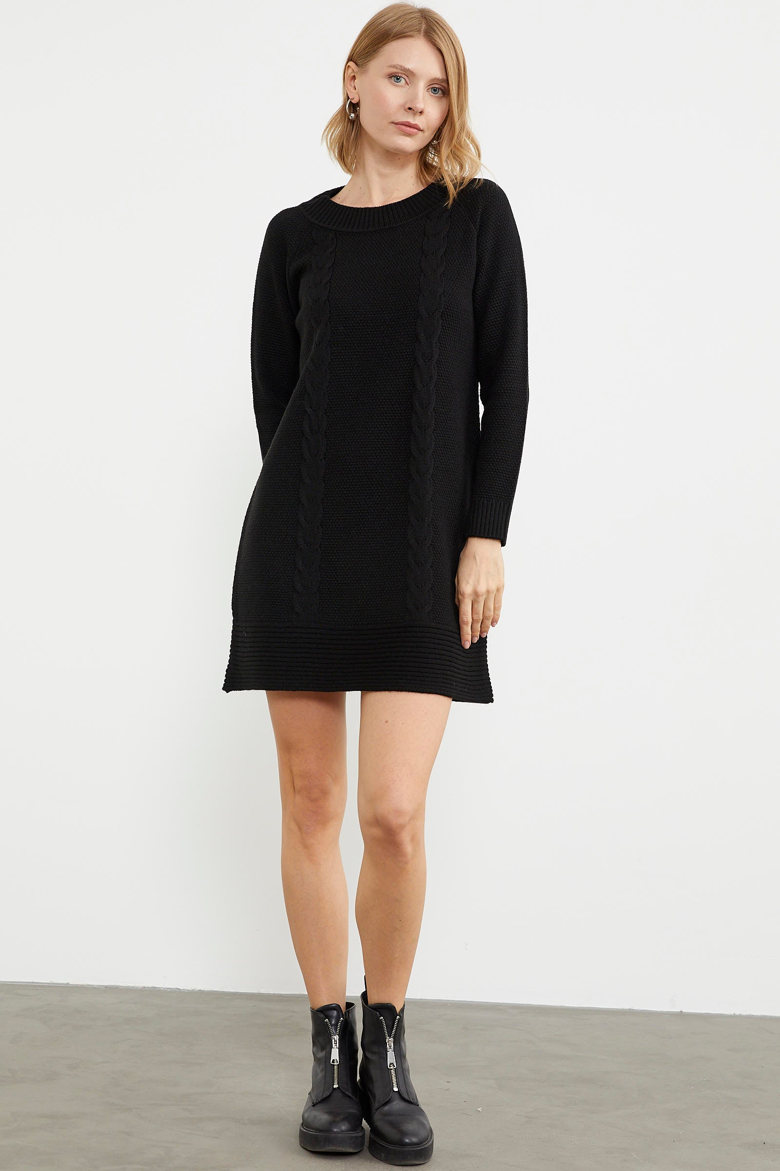 Diz Üstü Saç Örgü Motifli Triko Elbise - Siyah (4) Sementa