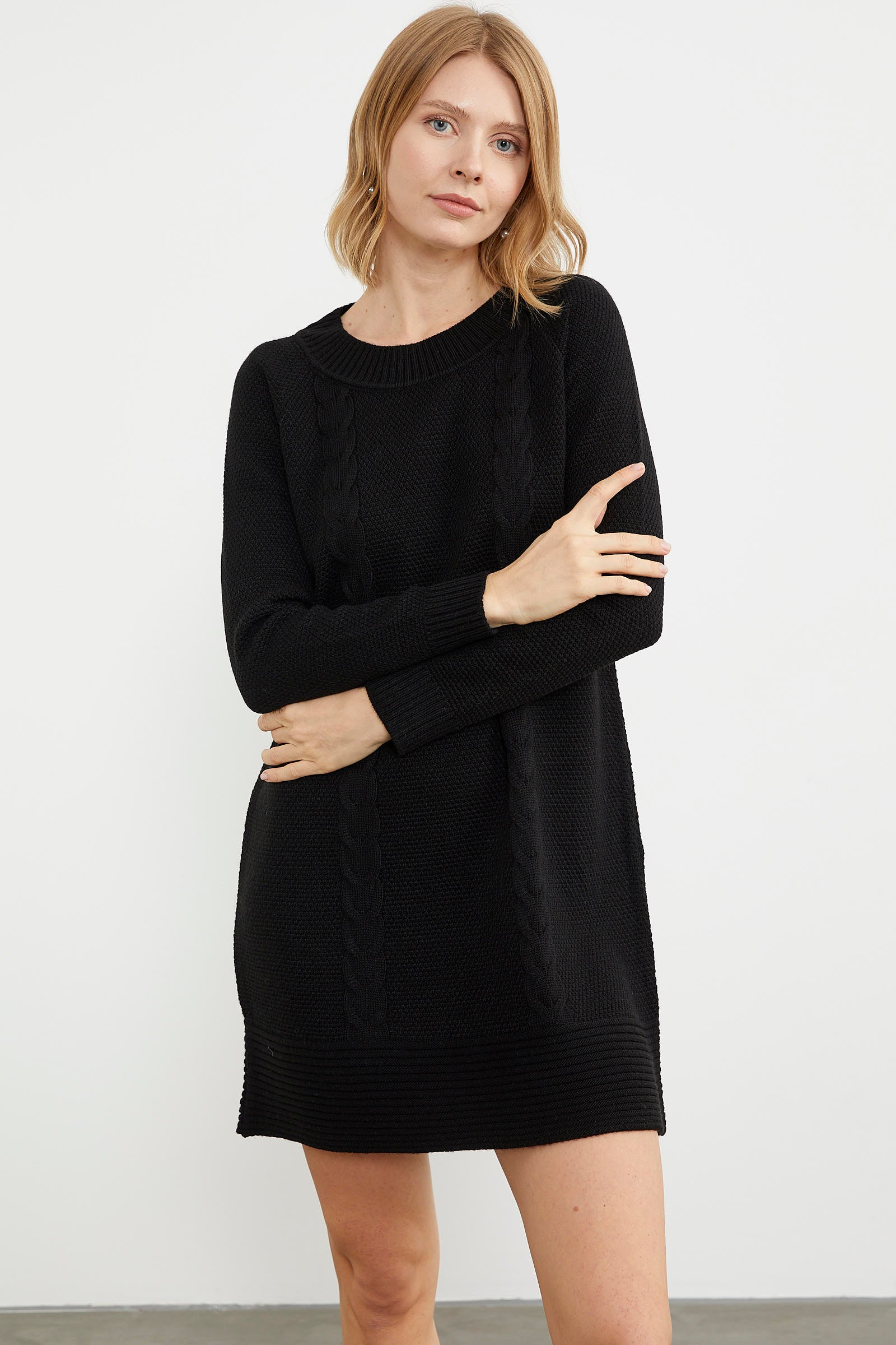 Diz Üstü Saç Örgü Motifli Triko Elbise - Siyah (6) Sementa