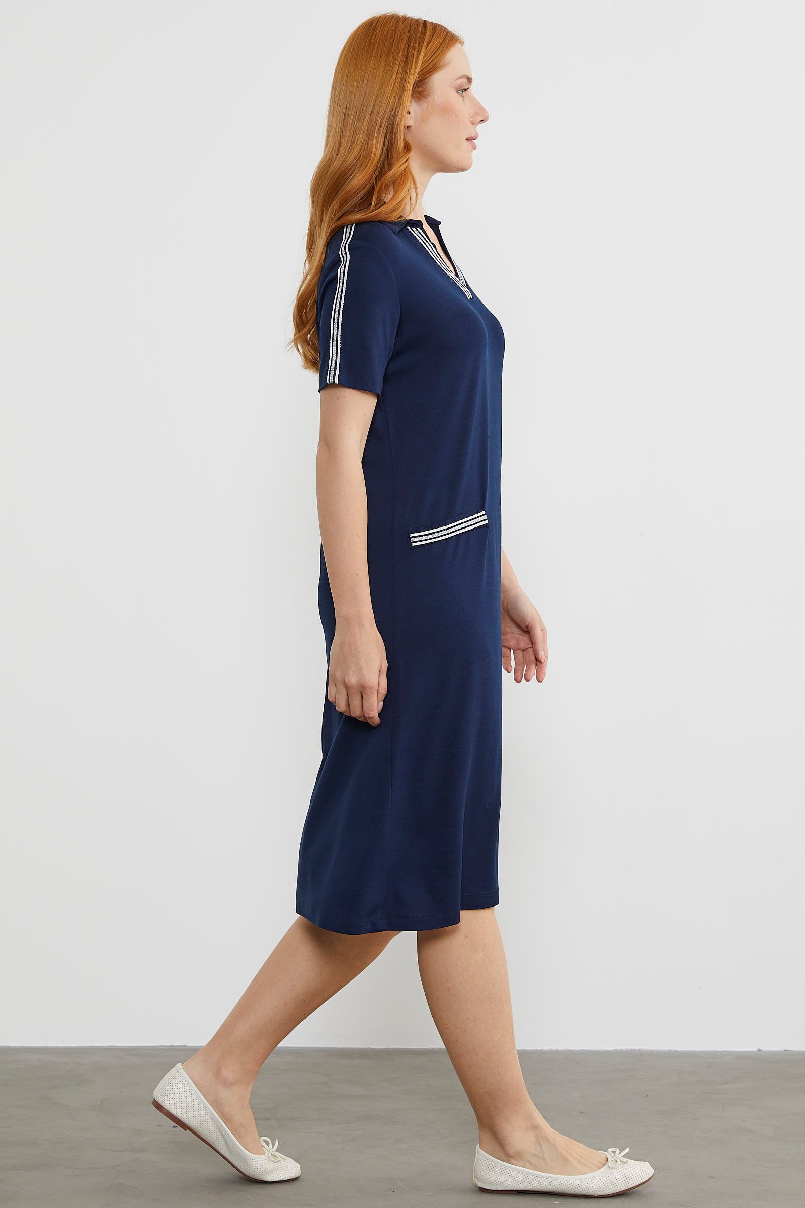 Dökümlü Açık Polo Yaka Elbise - Lacivert (4) Sementa