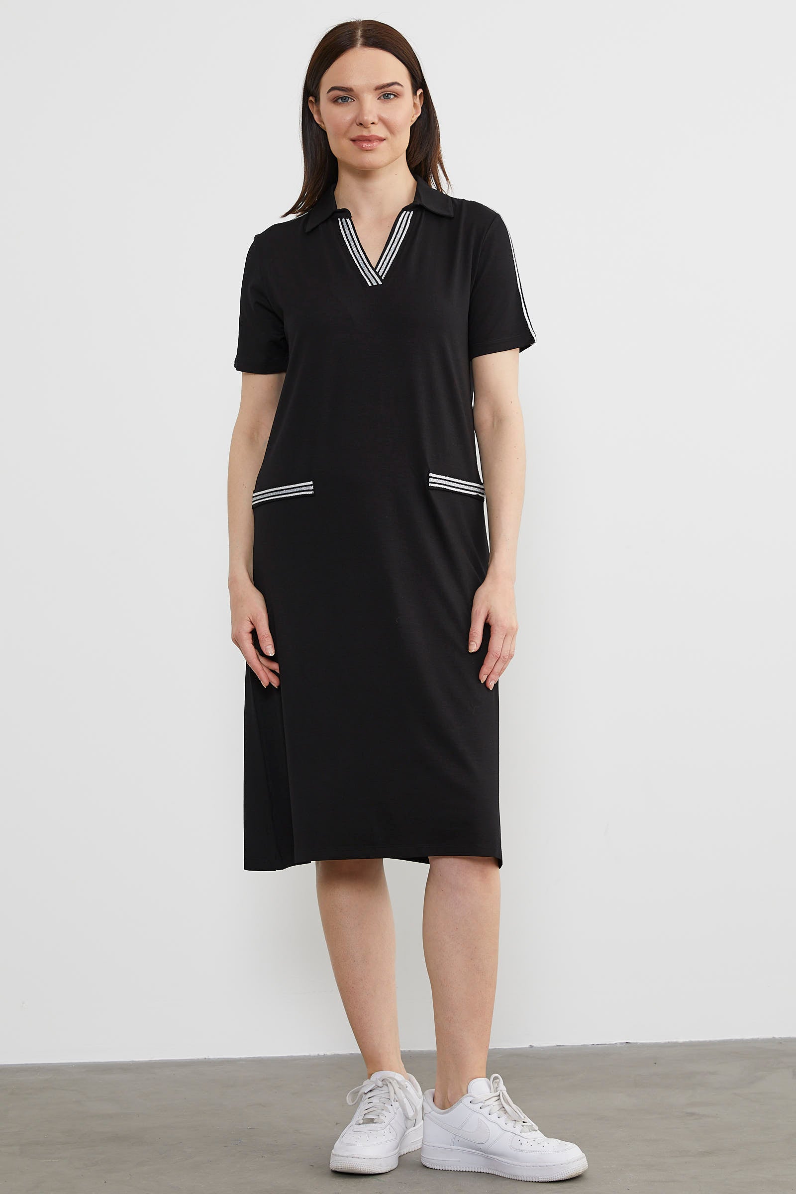 Dökümlü Açık Polo Yaka Elbise - Siyah (1) Sementa