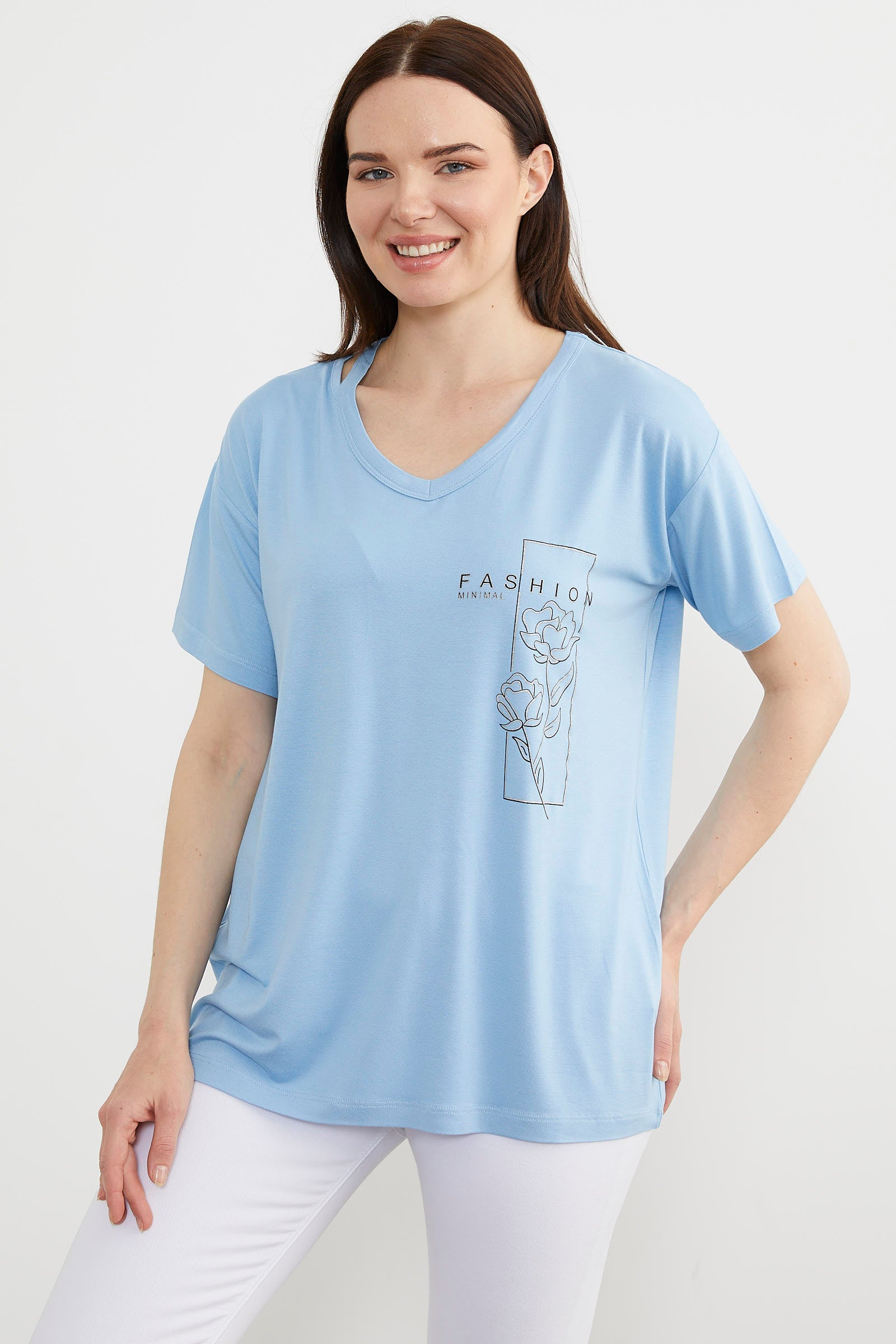 Dökümlü V Yaka Baskılı Tişört - Mavi (3) Sementa