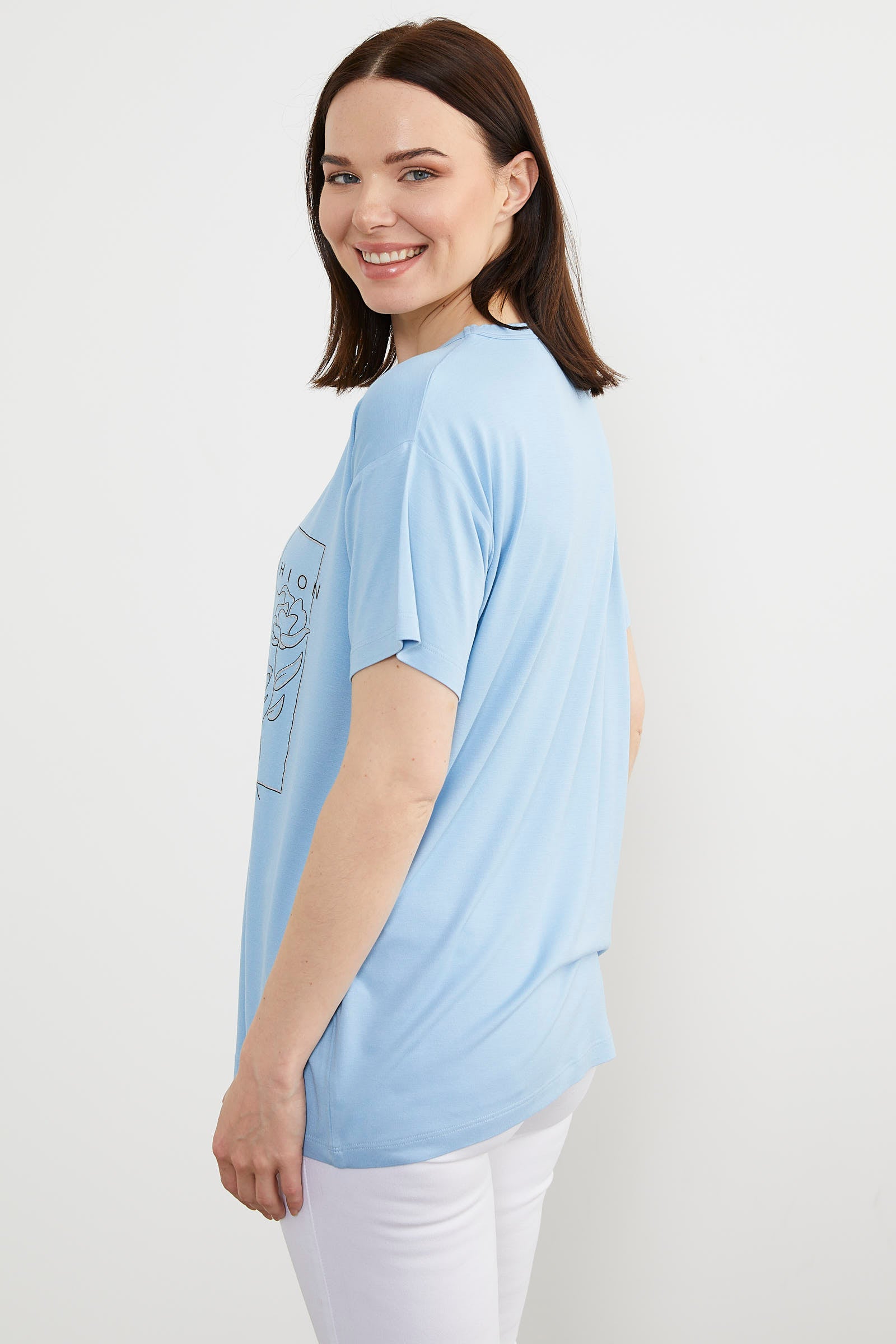 Dökümlü V Yaka Baskılı Tişört - Mavi (5) Sementa