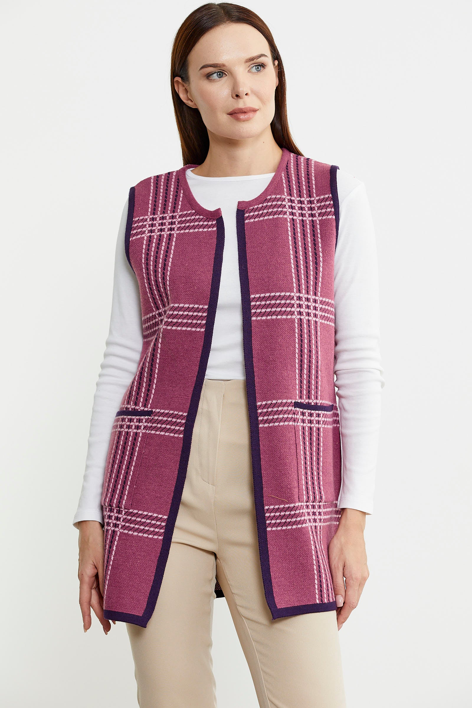 Dolu İğne Çift Renk Yünlü Triko Yelek - Gül - Sementa