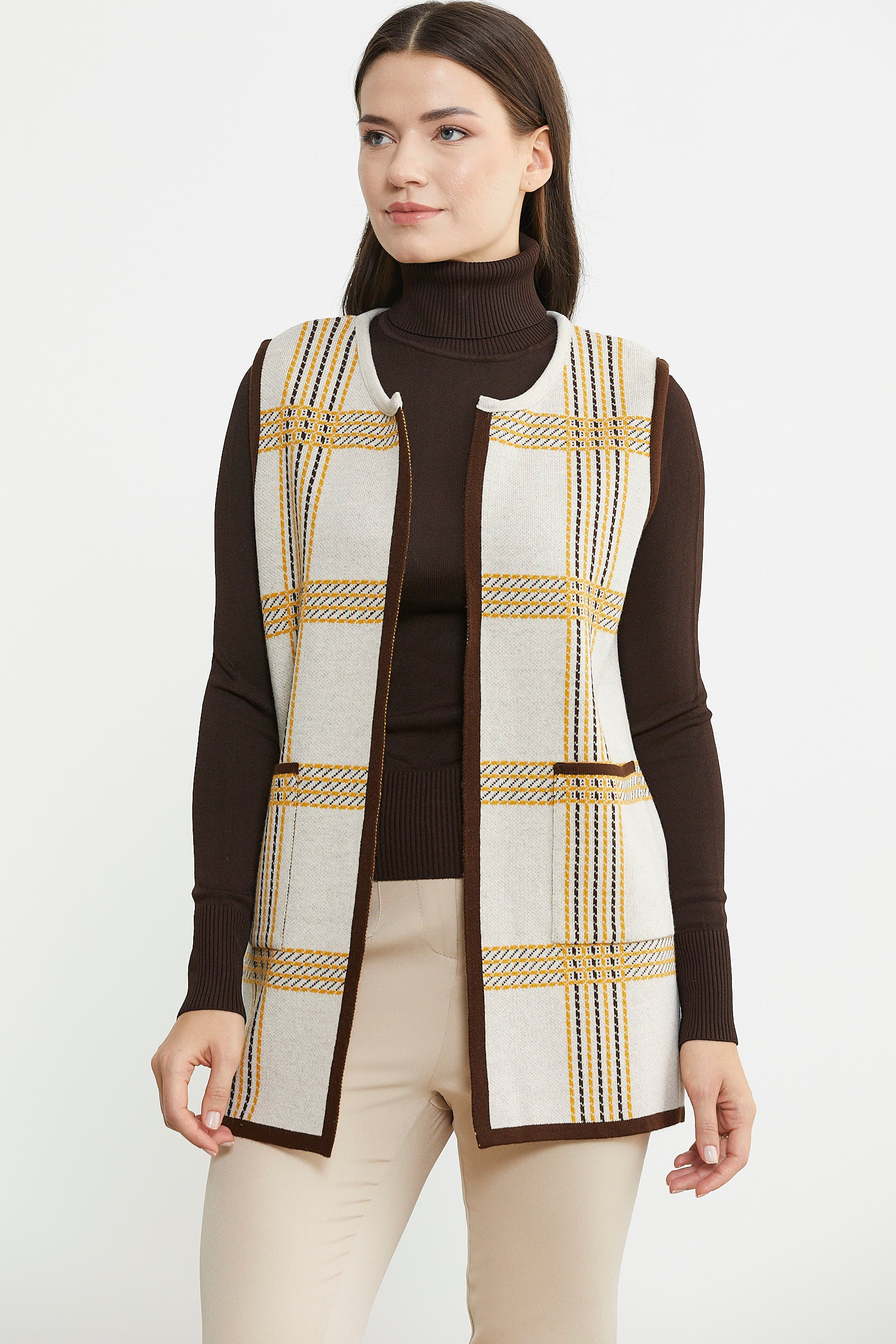 Dolu İğne Çift Renk Yünlü Triko Yelek - Vizon - Sementa