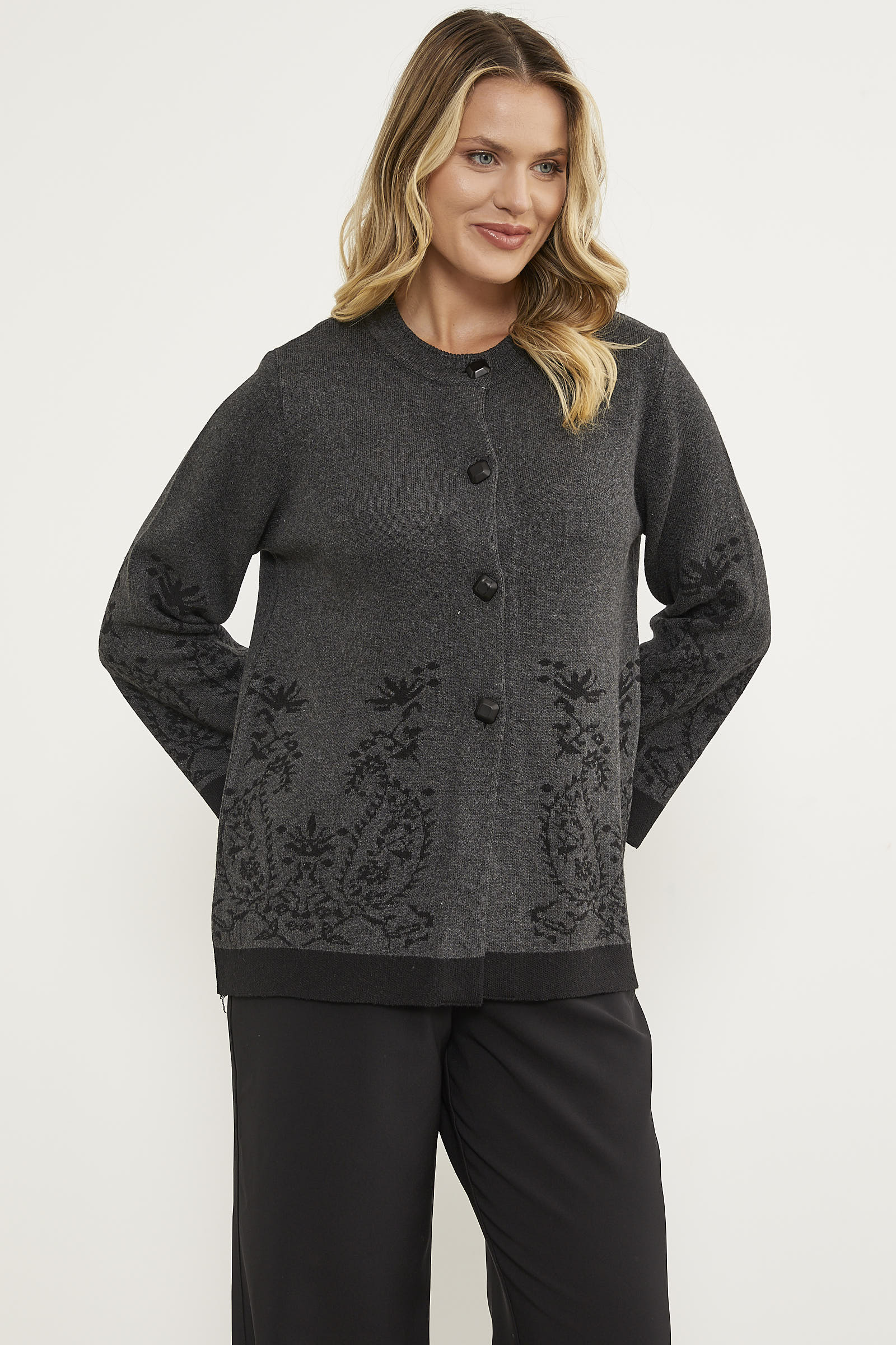 Dolu İğne Düğmeli Kalın Triko Ceket - Antrasit (2) Sementa