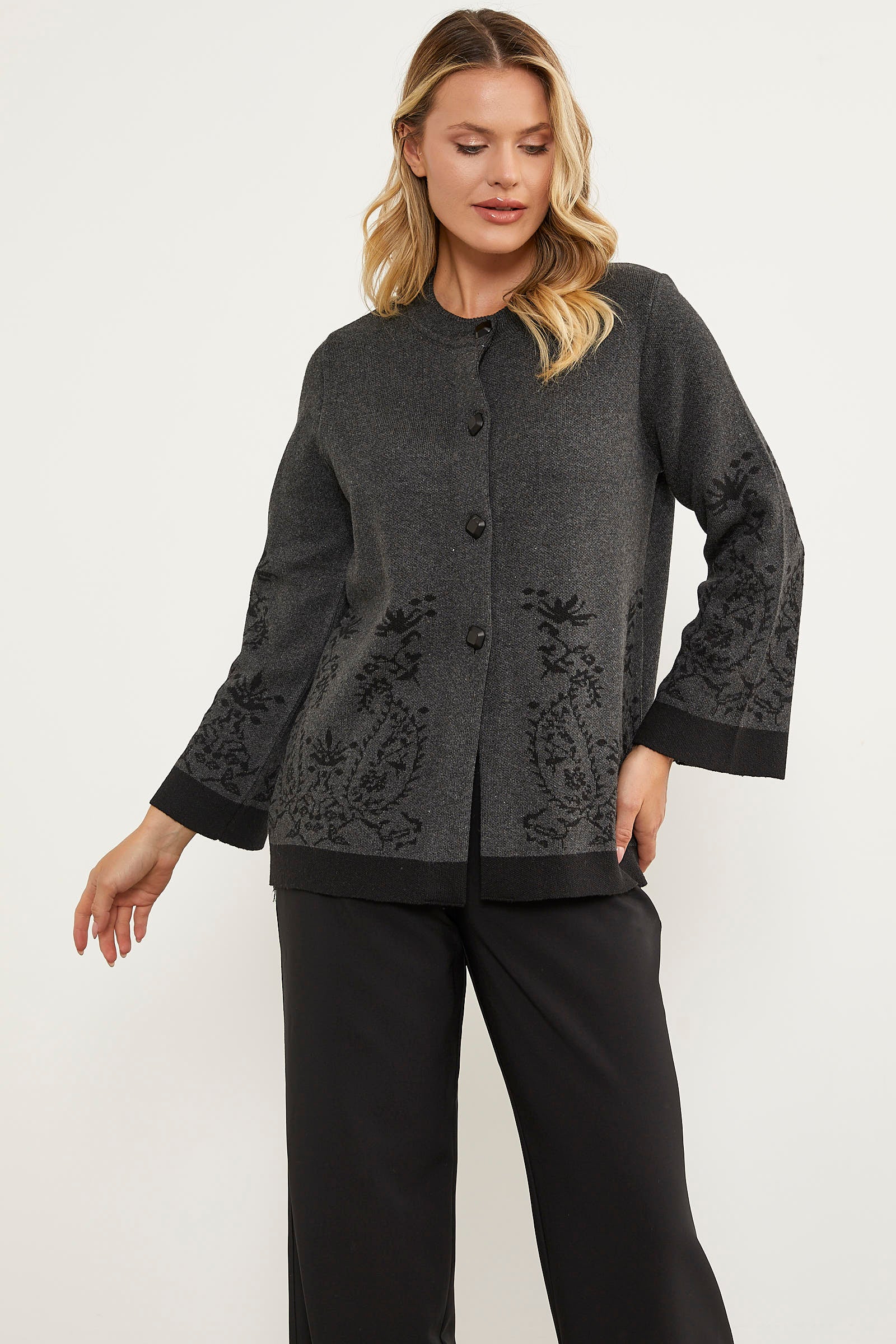 Dolu İğne Düğmeli Kalın Triko Ceket - Antrasit (4) Sementa