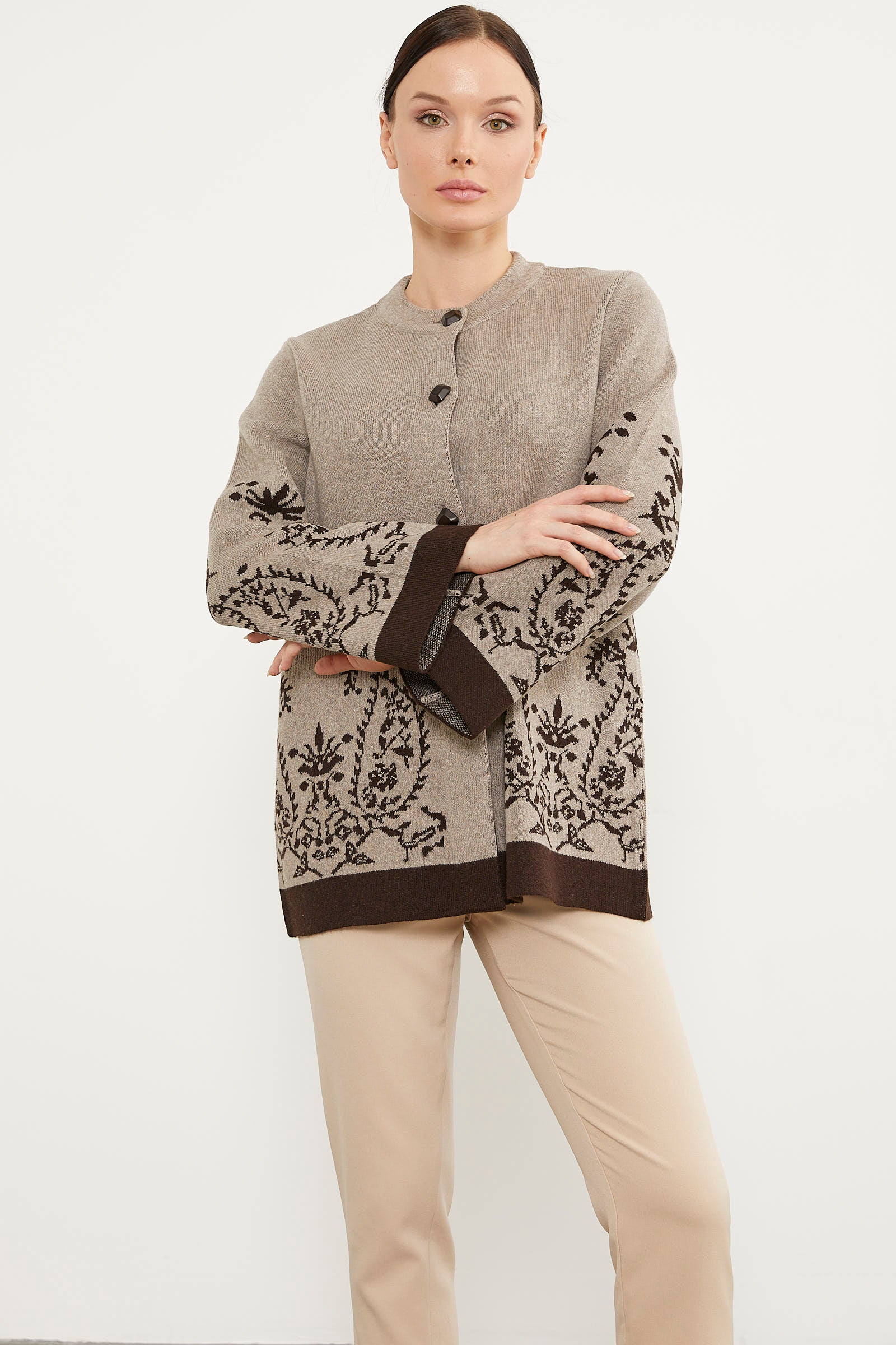 Dolu İğne Düğmeli Kalın Triko Ceket - Koyu Bej (2) Sementa