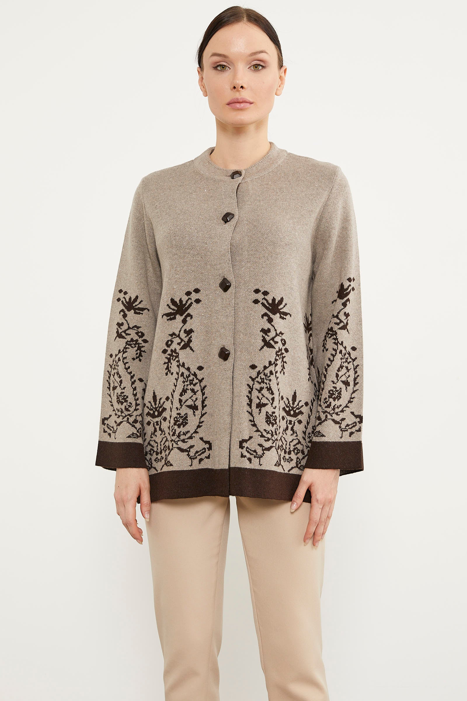 Dolu İğne Düğmeli Kalın Triko Ceket - Koyu Bej (3) Sementa