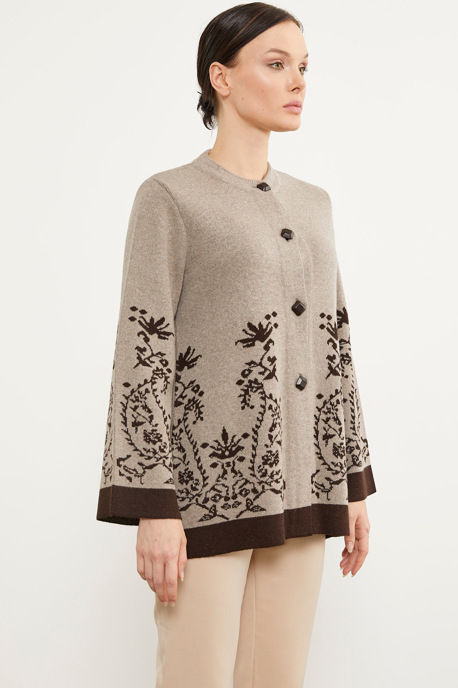 Dolu İğne Düğmeli Kalın Triko Ceket - Koyu Bej (4) Sementa