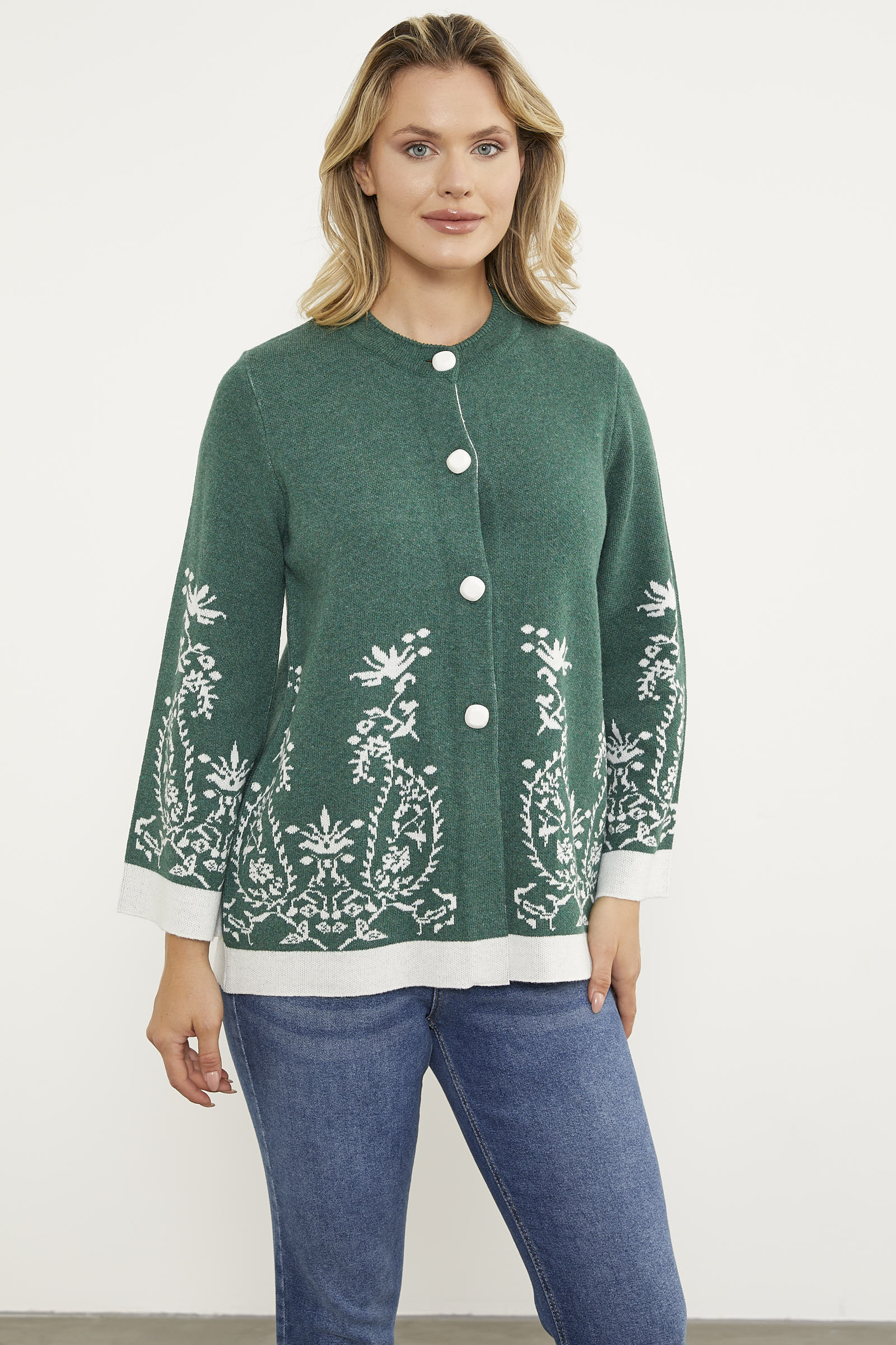 Dolu İğne Düğmeli Kalın Triko Ceket - Yeşil (4) Sementa