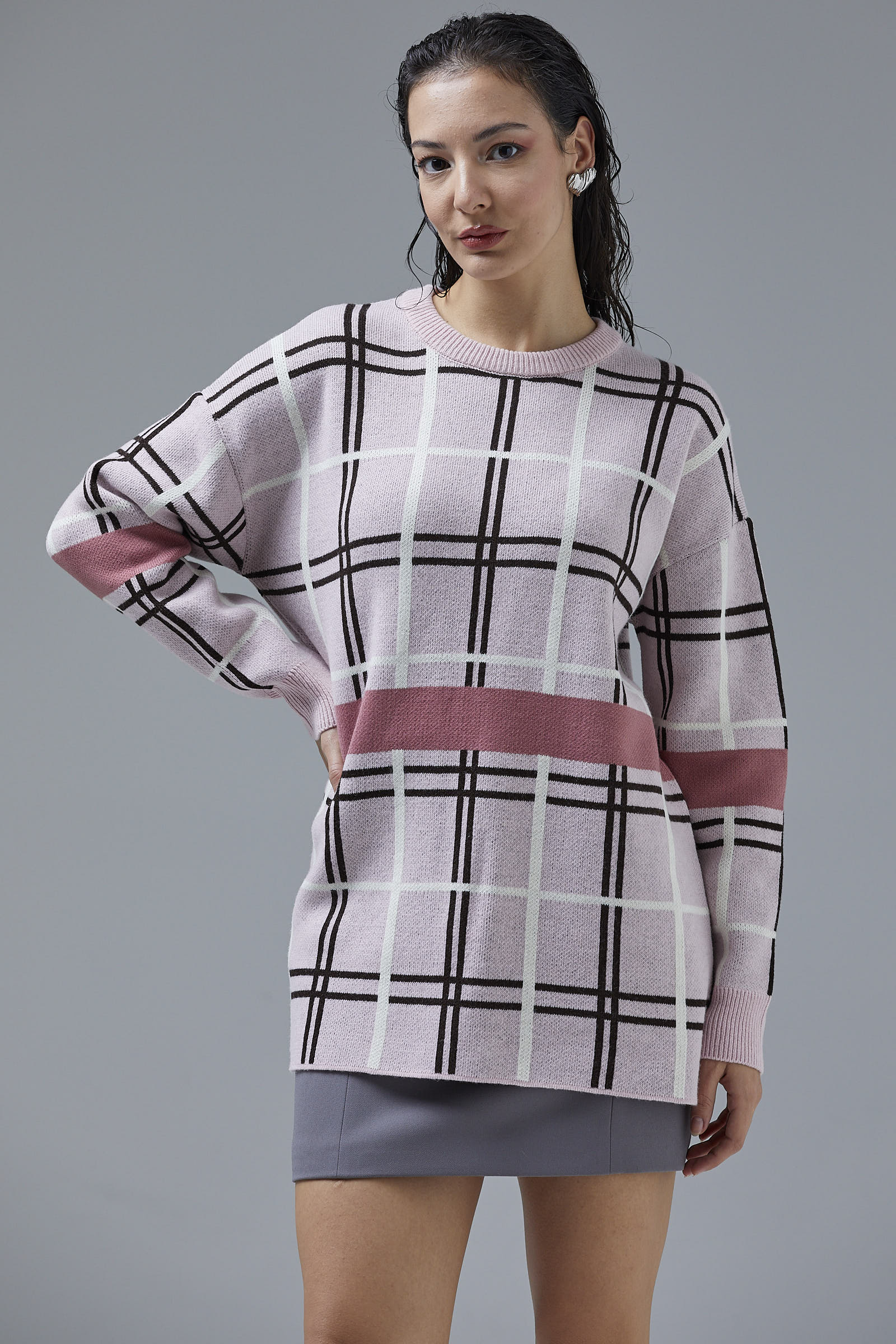 Dolu İğne Jakarlı Triko Kazak - Pembe (5) Sementa