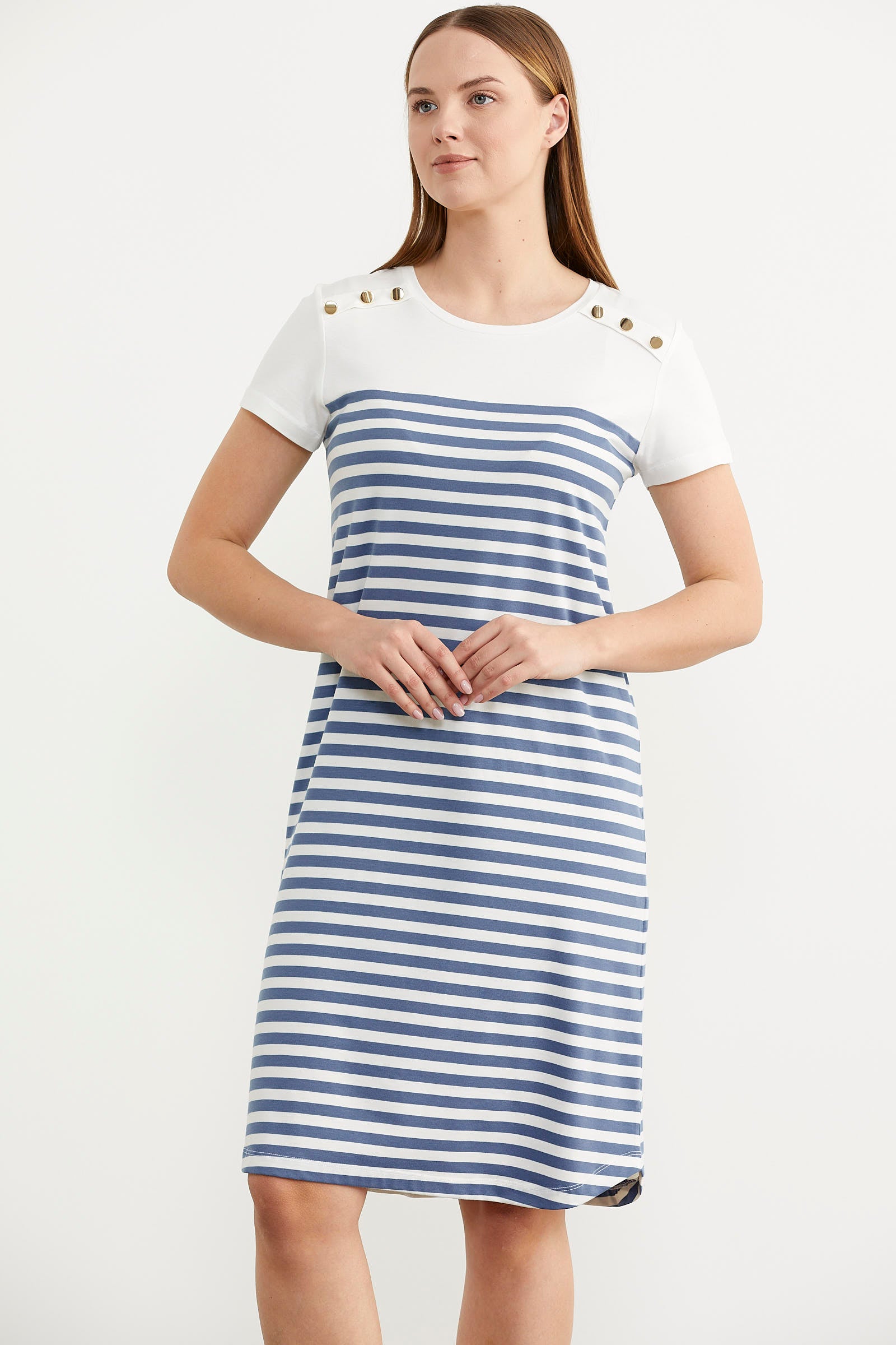 Düğme Detaylı Çizgili Penye Elbise - Indigo (2) Sementa