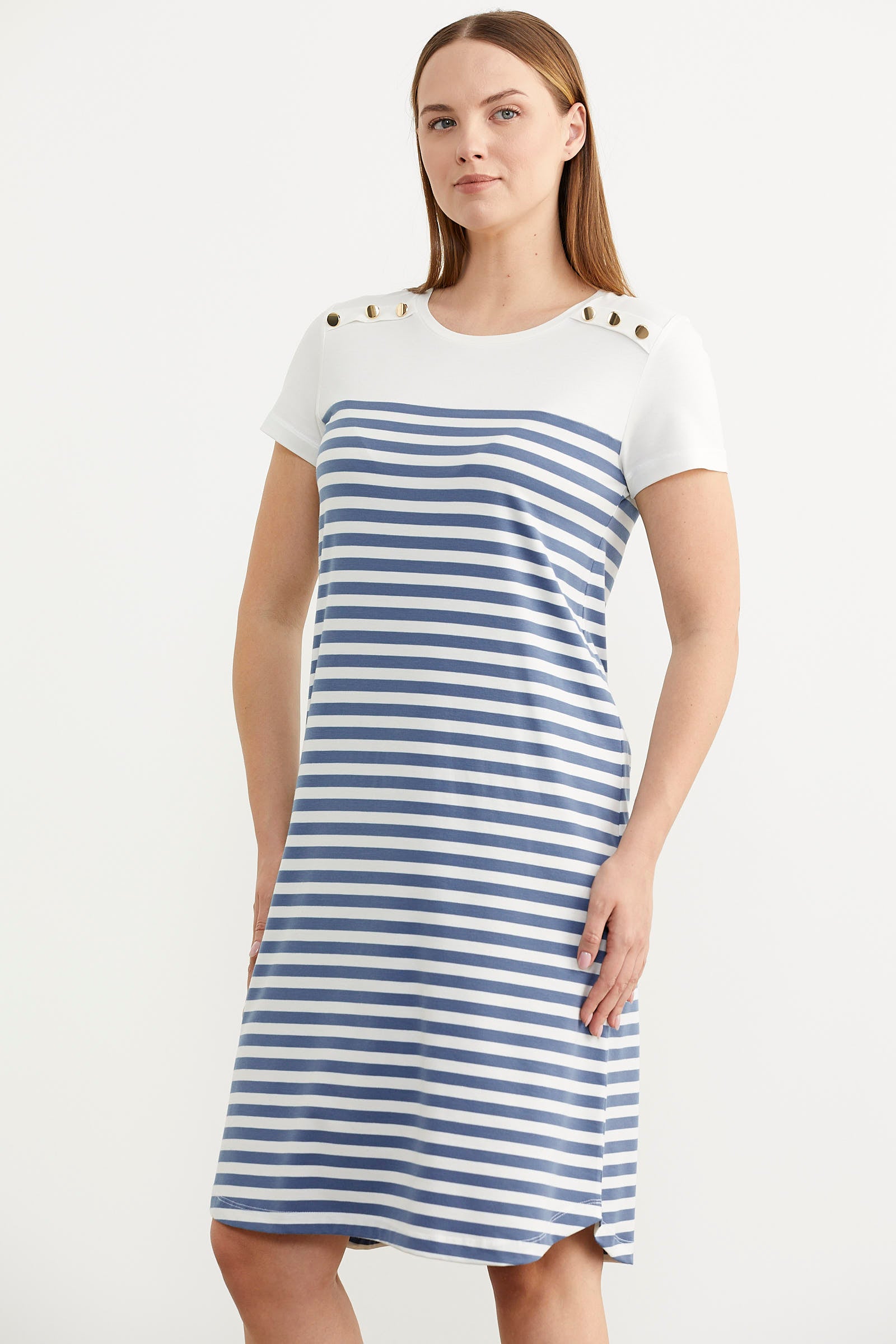 Düğme Detaylı Çizgili Penye Elbise - Indigo (5) Sementa