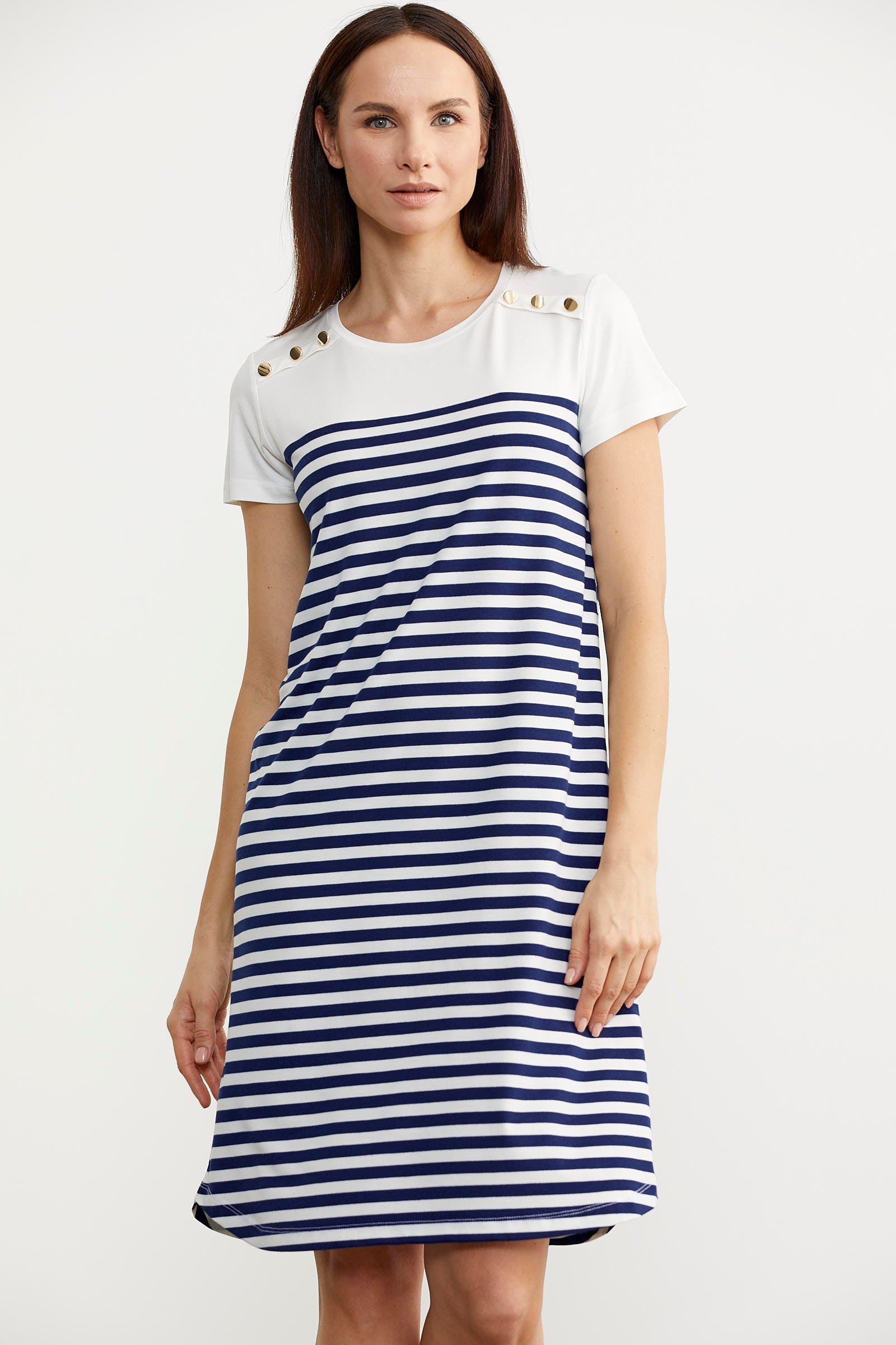 Düğme Detaylı Çizgili Penye Elbise - Lacivert (3) Sementa