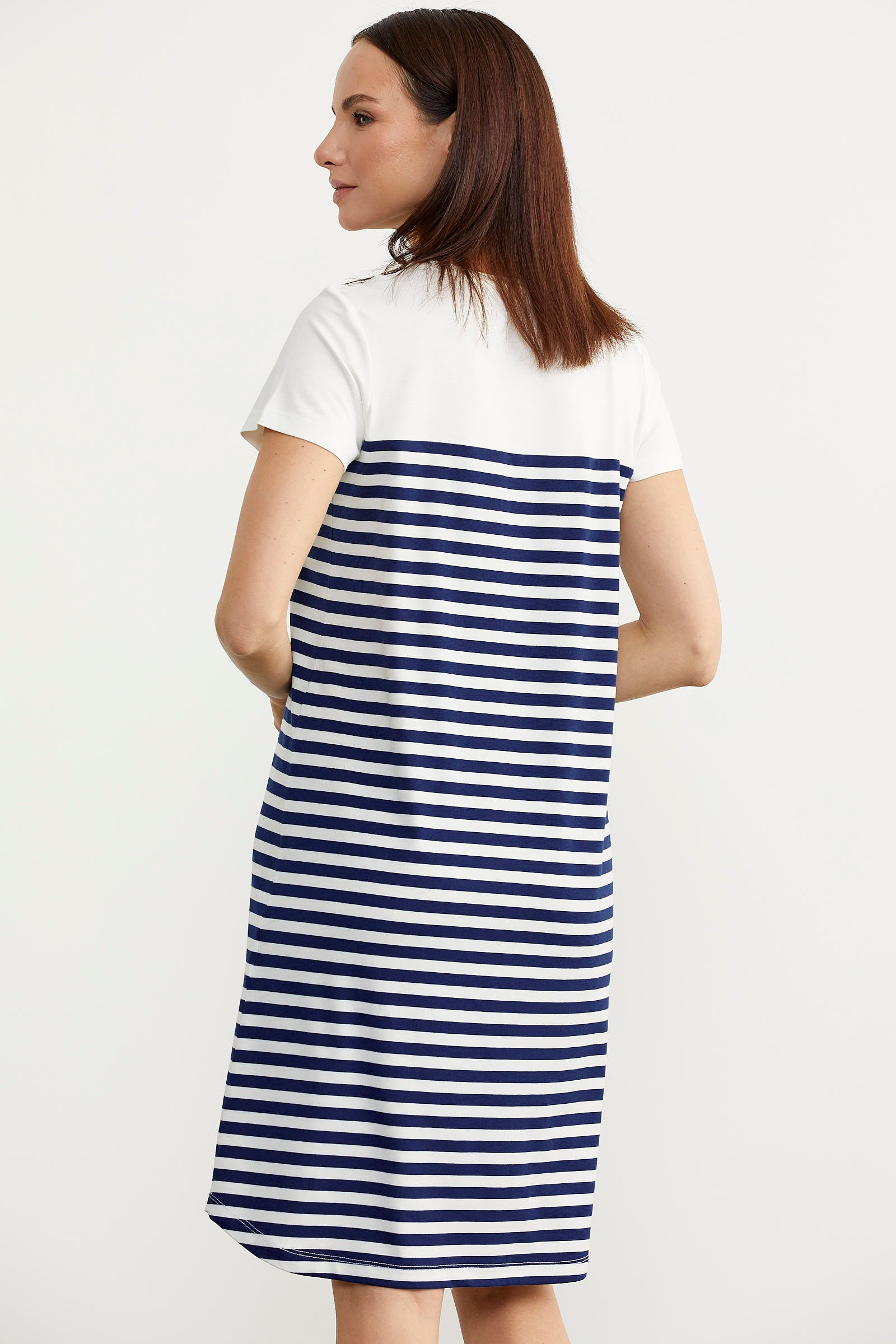 Düğme Detaylı Çizgili Penye Elbise - Lacivert (7) Sementa