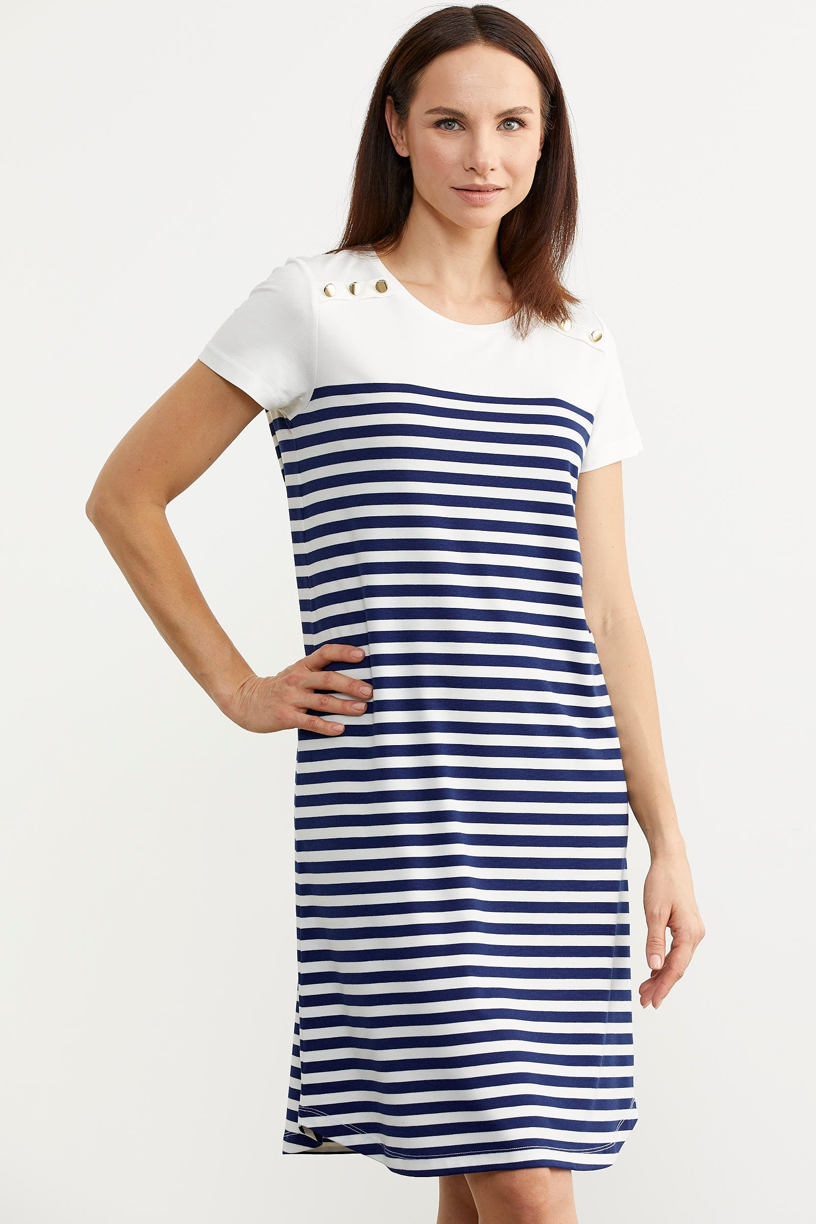 Düğme Detaylı Çizgili Penye Elbise - Lacivert (5) Sementa